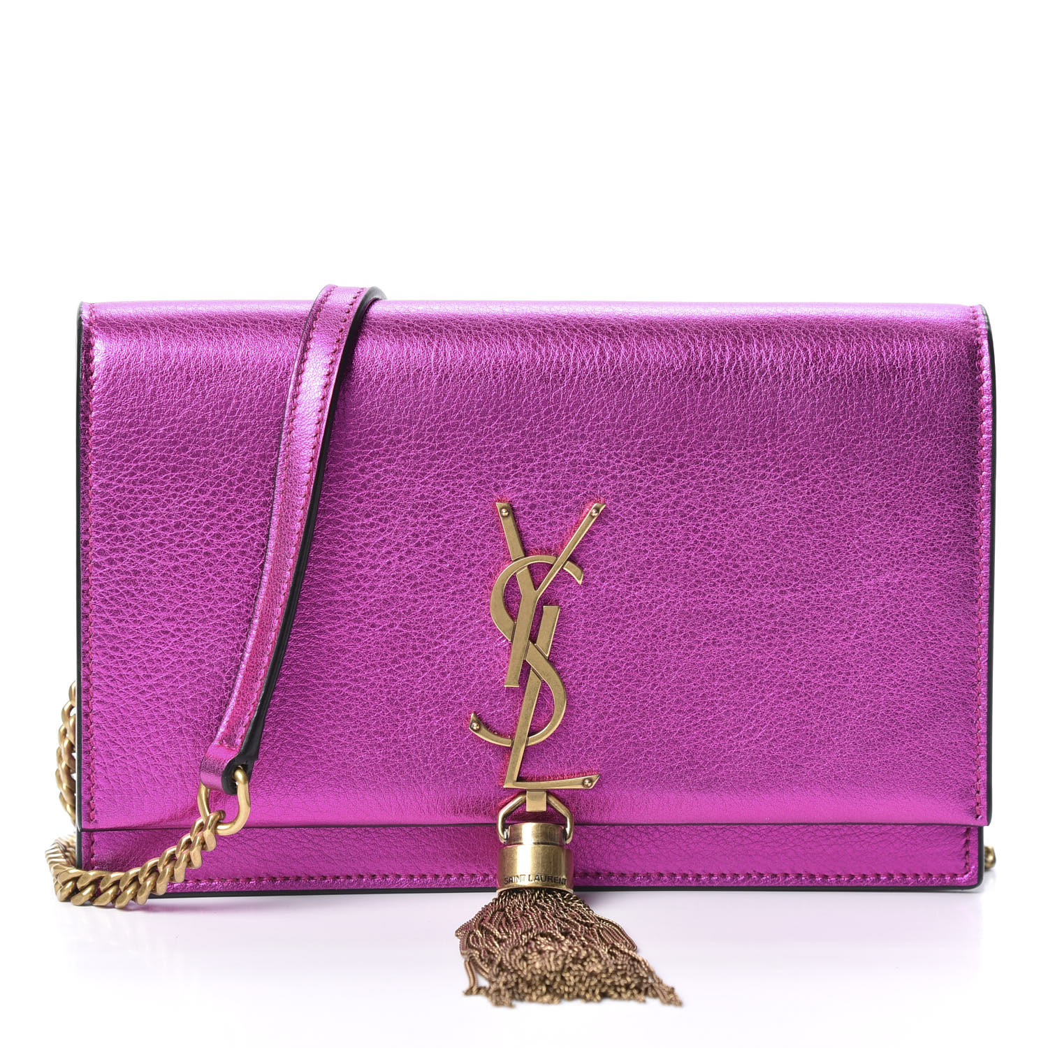 kate chain wallet with tassel in grained metallic leather