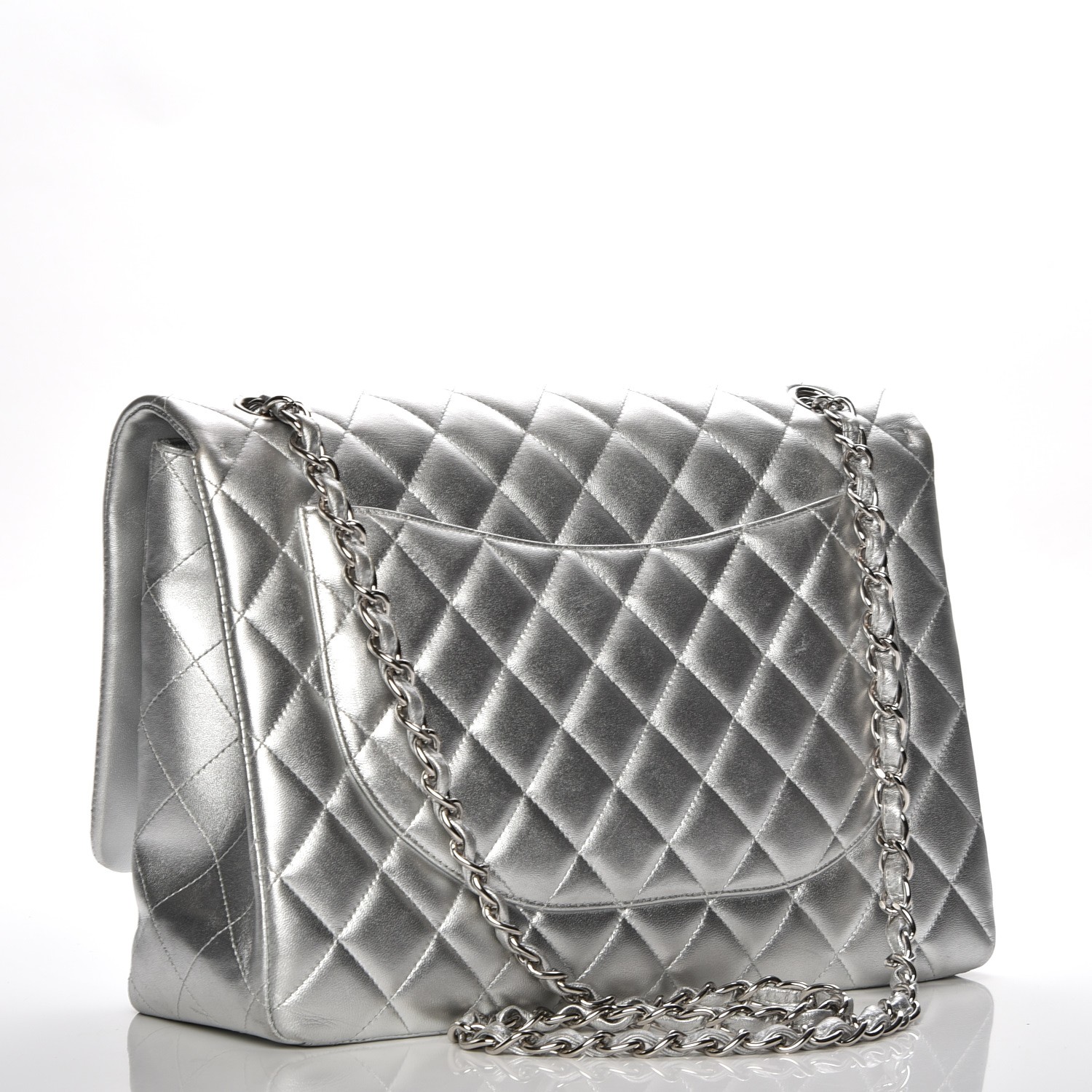 CHANEL Metallic Lambskin Quilted Maxi Single Flap Silver 211844