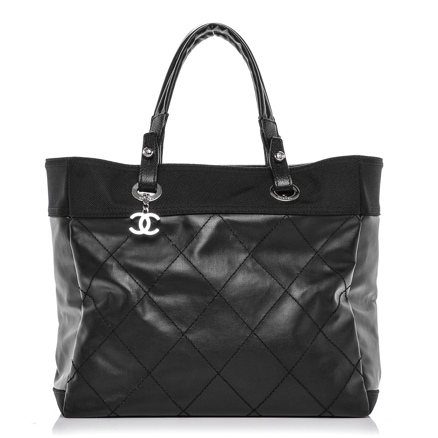 CHANEL Coated Canvas Quilted Large Paris Biarritz Tote Black 183839