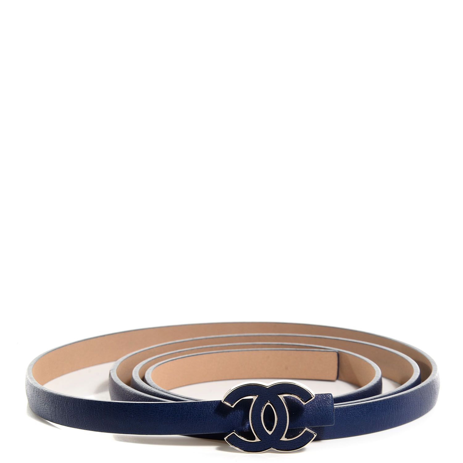 CHANEL Leather CC Logo Skinny Belt 95 38 Navy Blue 82604