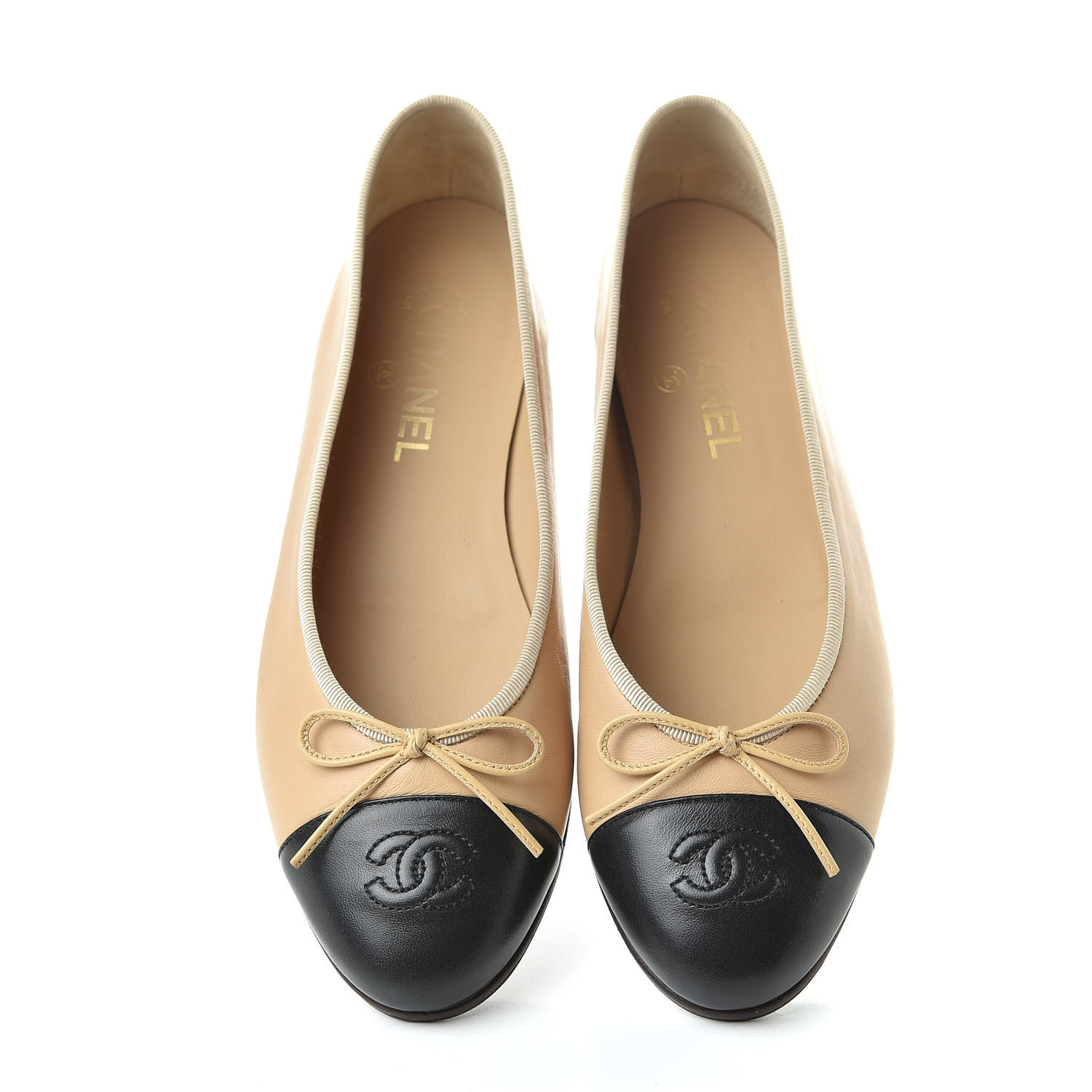 CHANEL Lambskin Cap Toe CC Ballerina Flats 40 Beige Black 515686