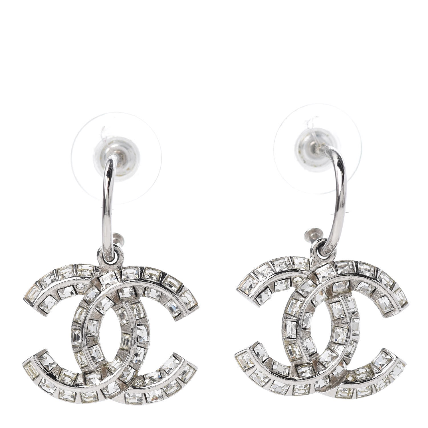 CHANEL Baguette Crystal CC Drop Earrings Silver 314413