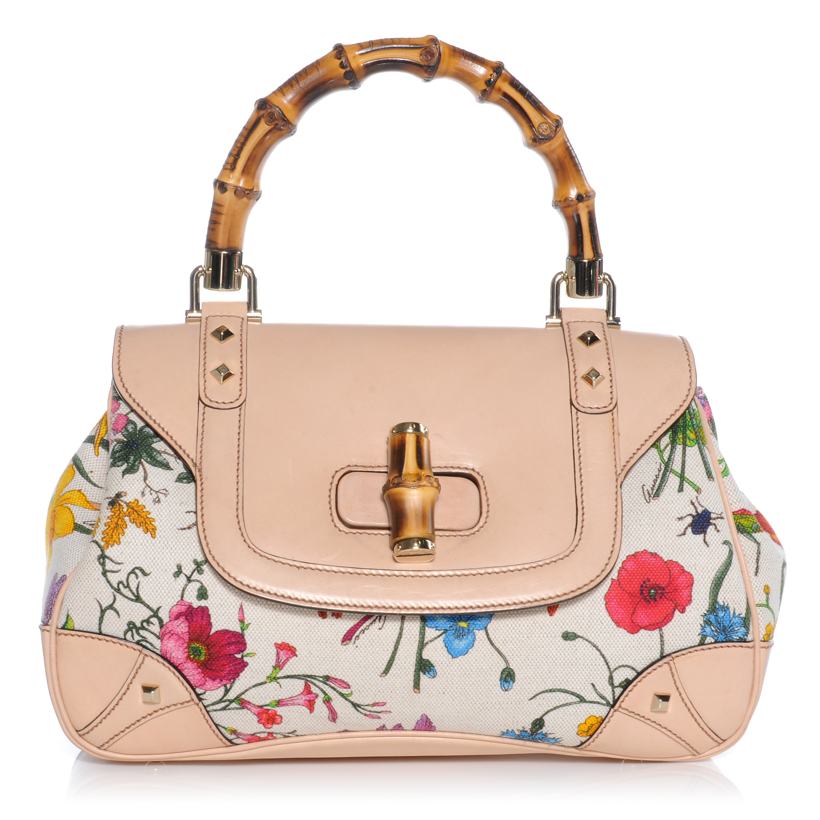 GUCCI Floral Flora Canvas Bamboo Top Handle Bag 41826