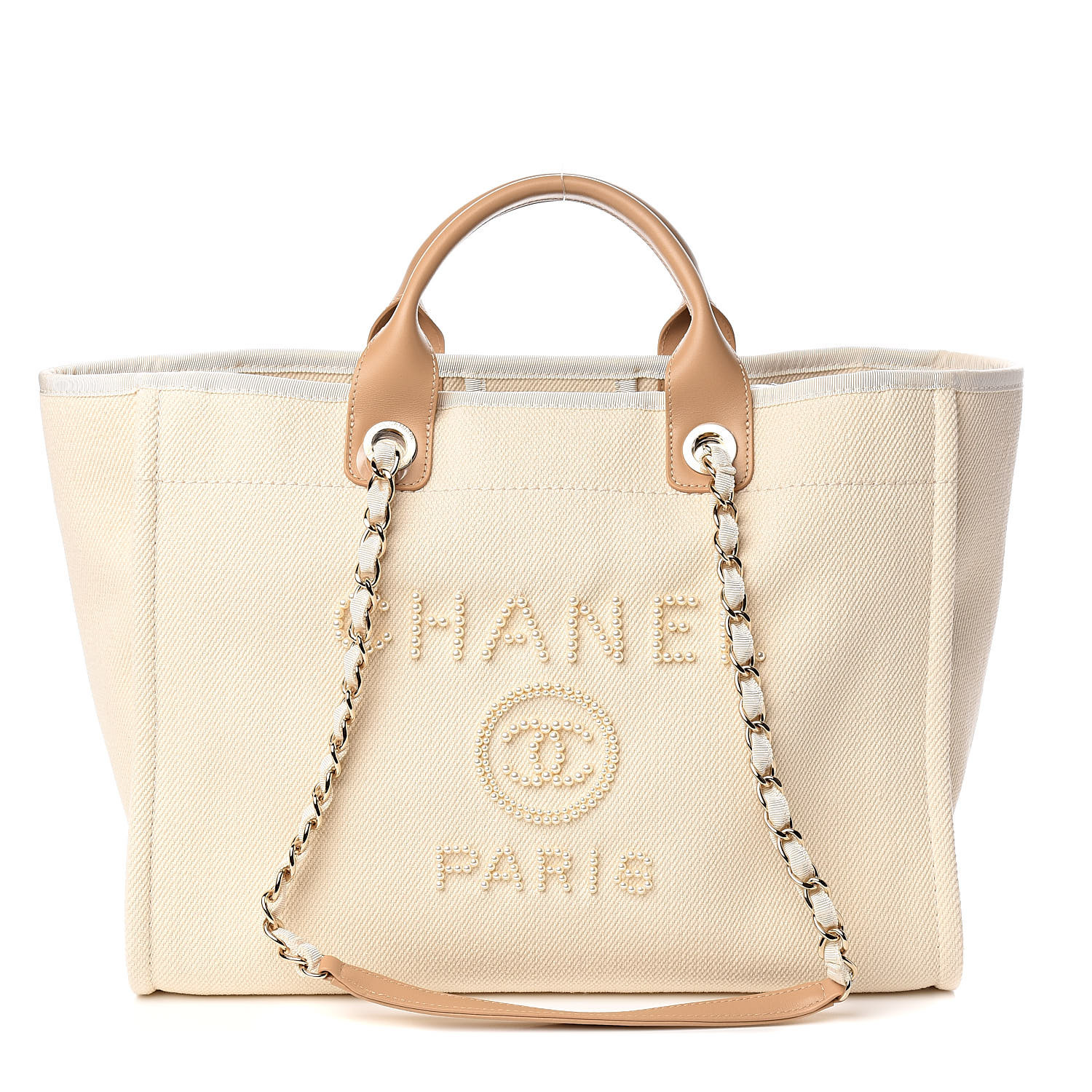 CHANEL Canvas Pearl Large Deauville Tote Ecru Beige 529178