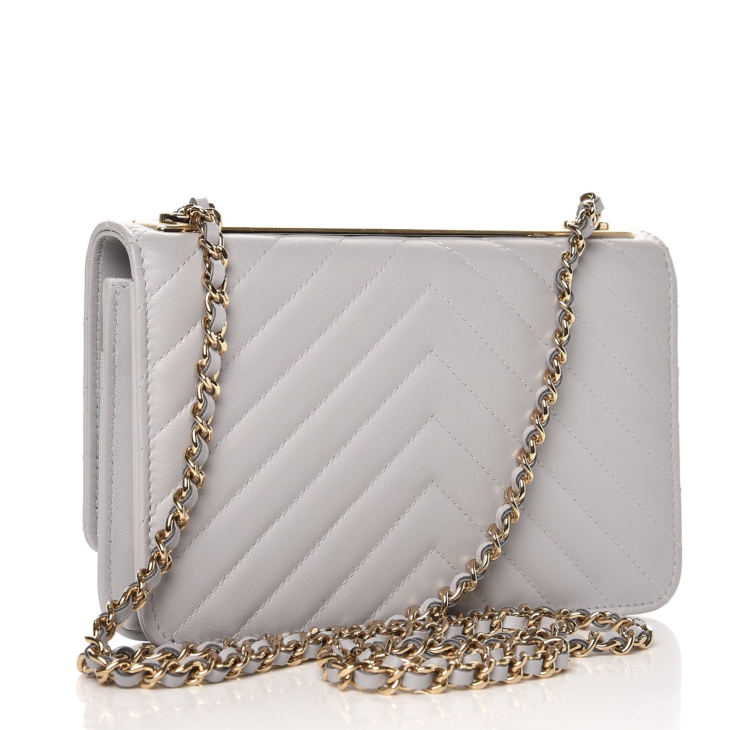 CHANEL Lambskin Chevron Quilted Trendy CC Wallet On Chain WOC Grey 265326