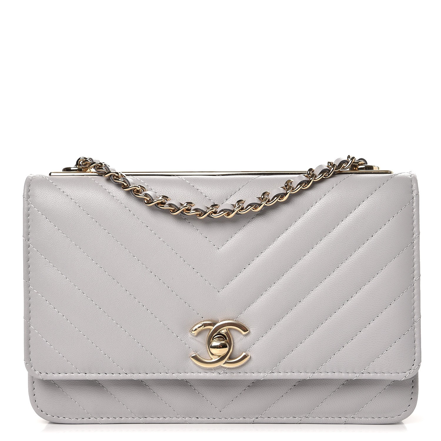 CHANEL Lambskin Chevron Quilted Trendy CC Wallet On Chain WOC Grey 265326