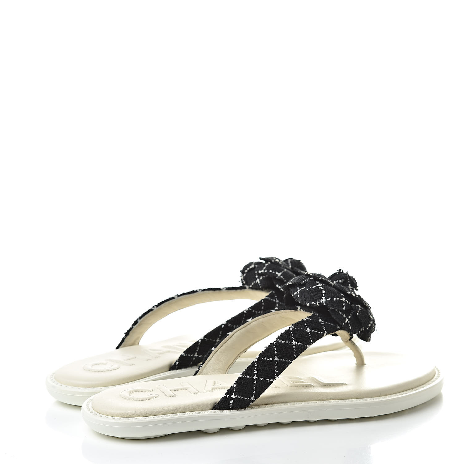 CHANEL Tweed Quilted Camellia Thong Sandals 36 Black White 513649