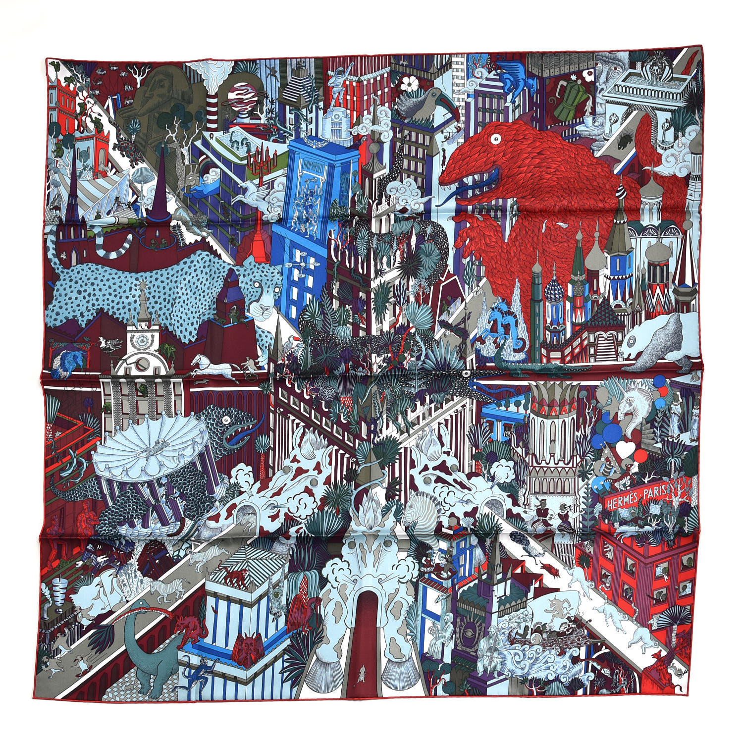 Hermes Silk Animapolis Scarf 90 Bordeaux Bleu Rouge 3065 Fashionphile