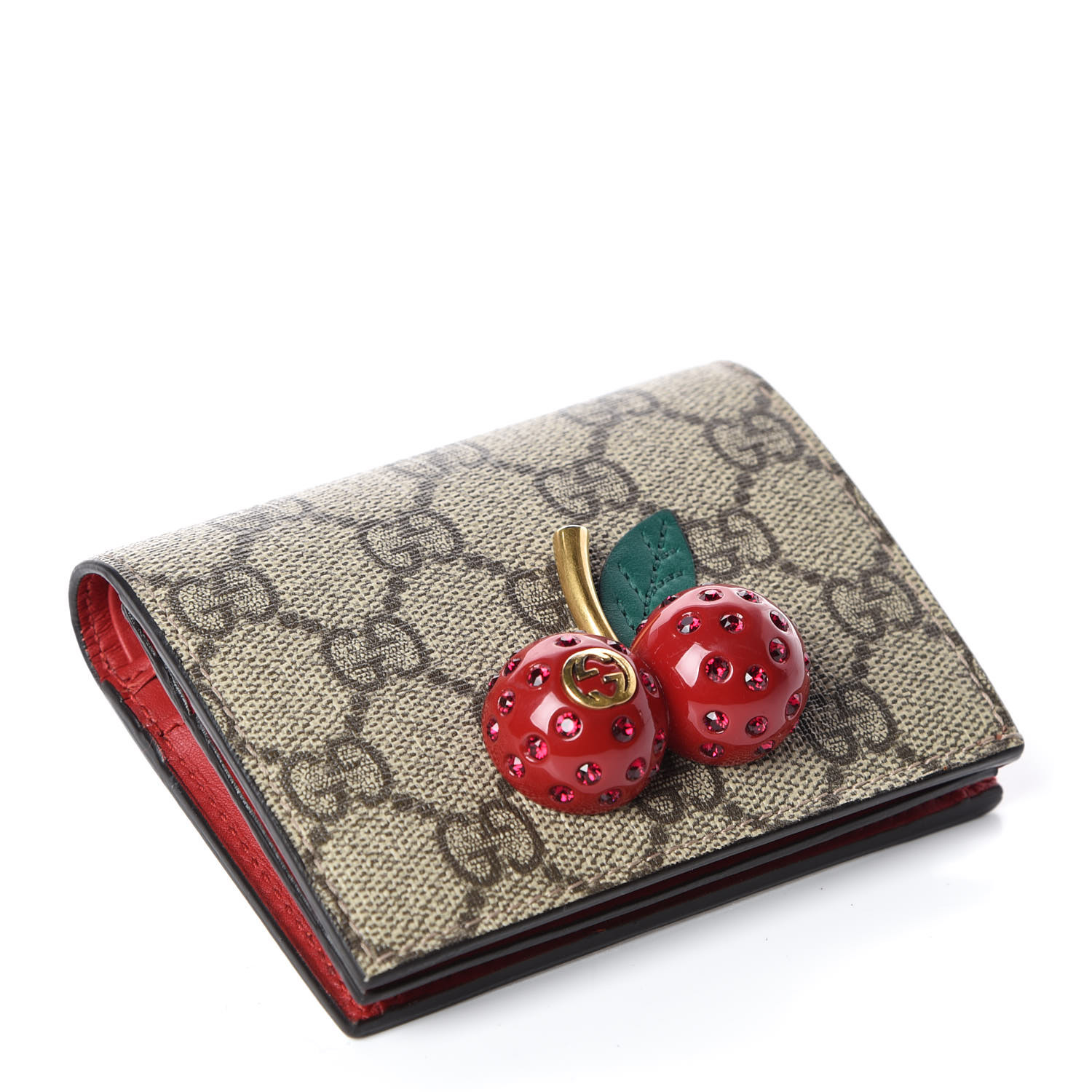 GUCCI GG Supreme Monogram Cherry Embellished Card Case Wallet Hibiscus ...