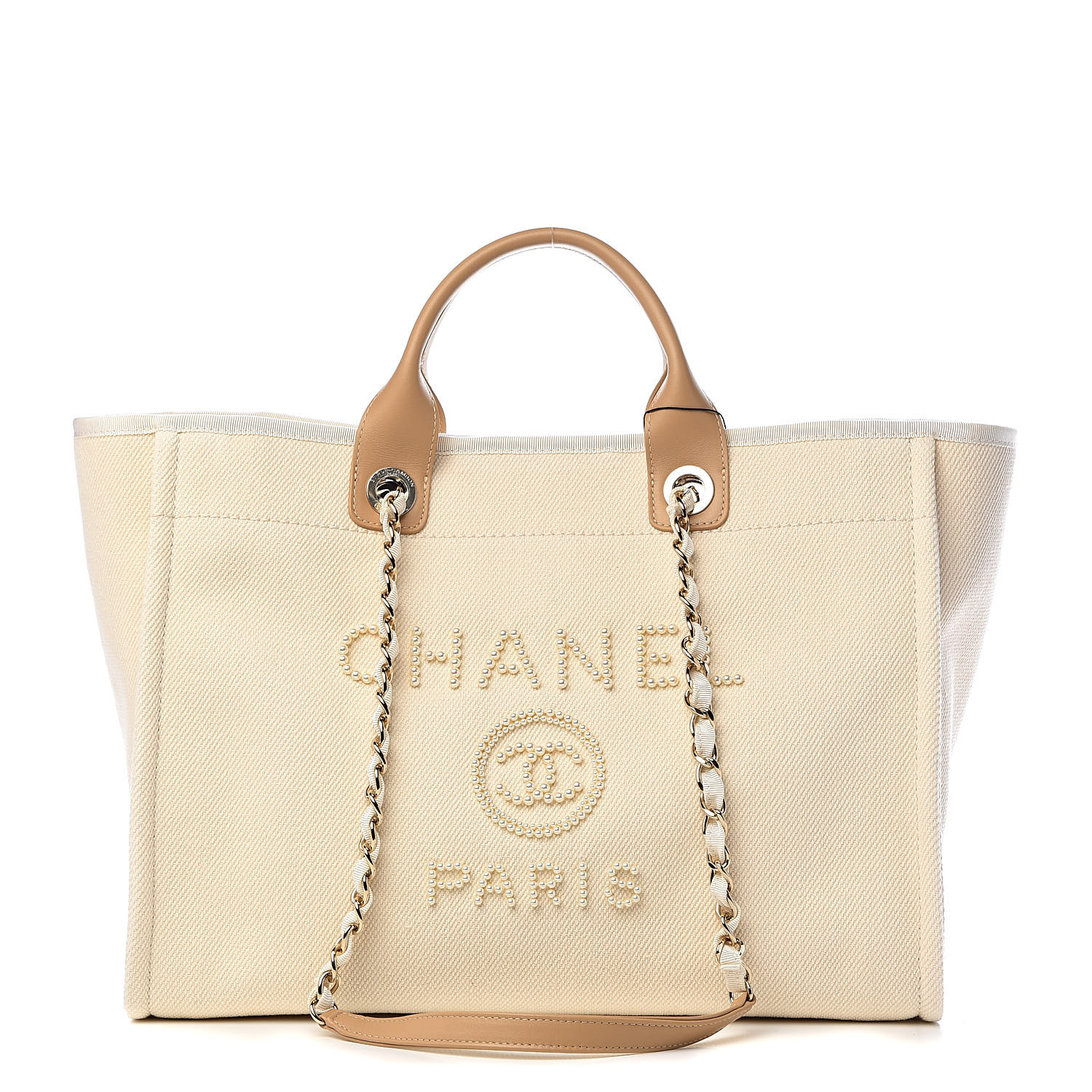 CHANEL Canvas Pearl Medium Deauville Tote Ecru Beige 517487