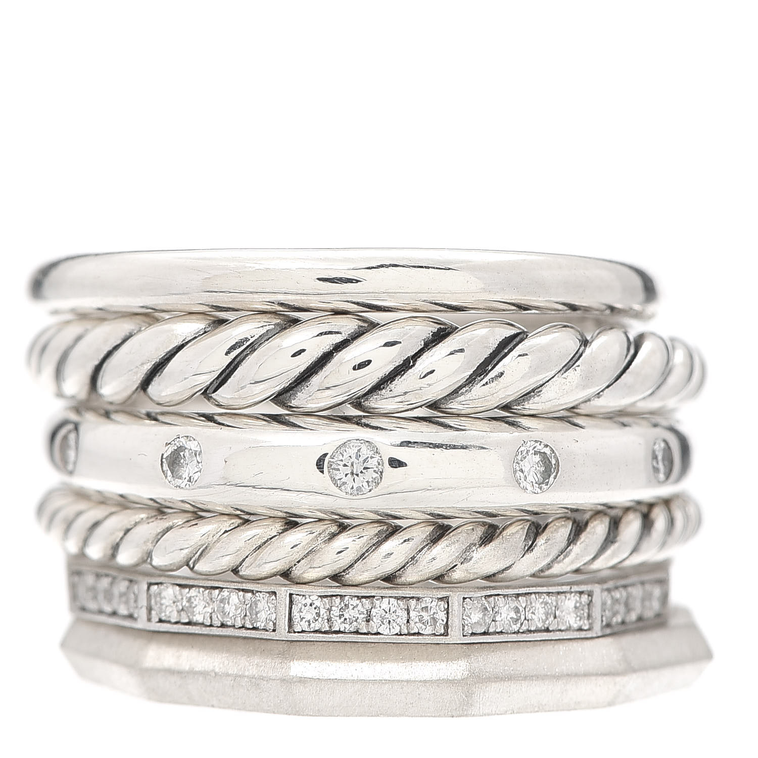 DAVID YURMAN Sterling Silver Diamond 16mm Stax Wide Stacked Ring 56 7.5 ...