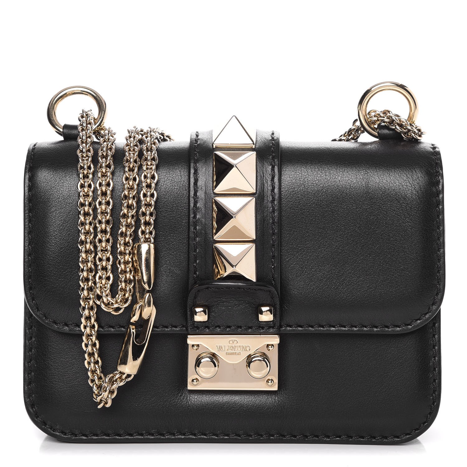 VALENTINO Vitello Mini Glam Lock Rockstud Flap Black 275506