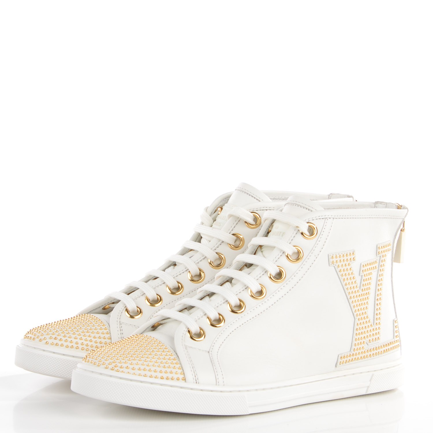 LOUIS VUITTON Leather Studded Punchy High Top Sneakers 36 White Gold ...