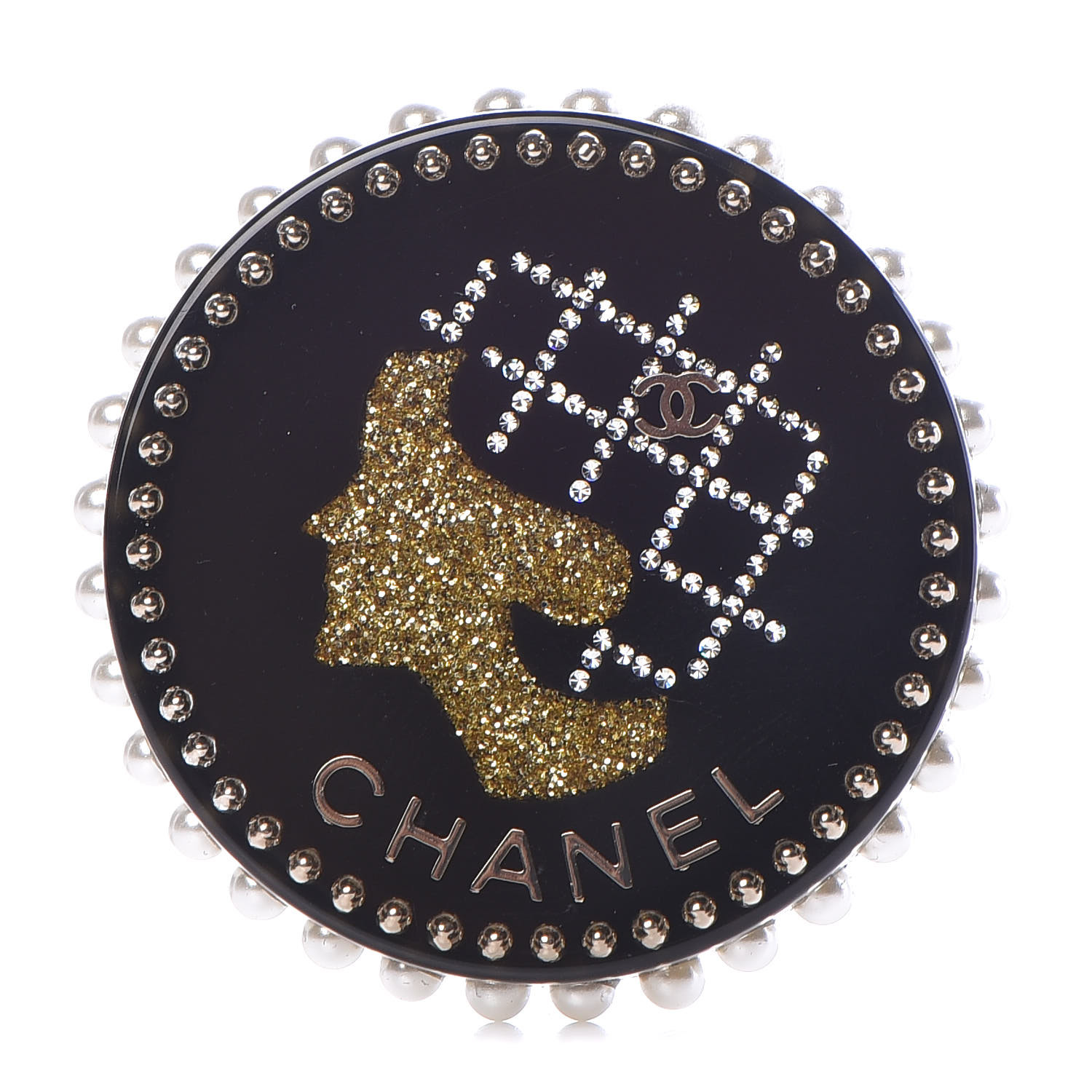 CHANEL Resin Crystal Pearl CC Pin Brooch Black Gold 356357