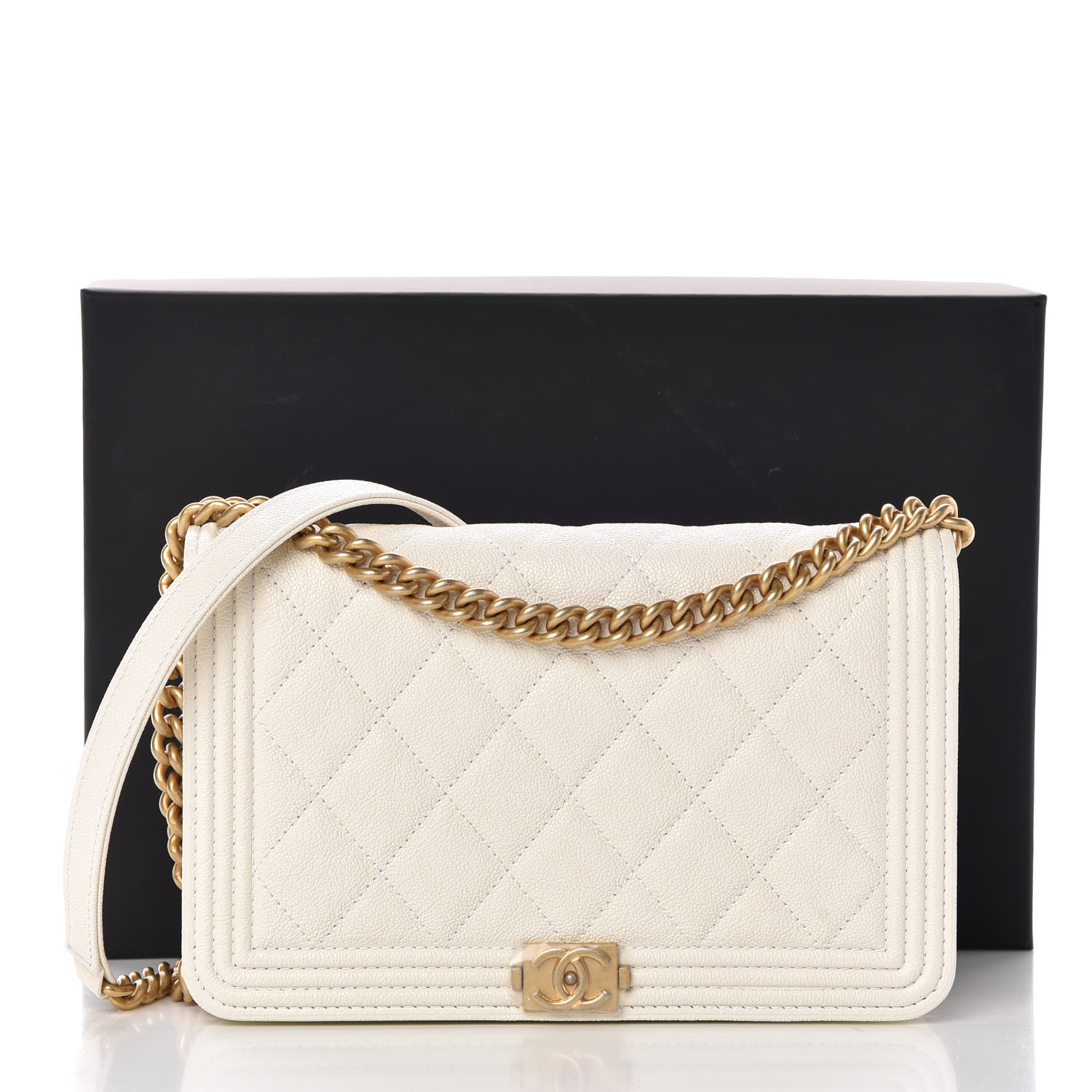 CHANEL Caviar Quilted Boy Wallet On Chain WOC White 357300