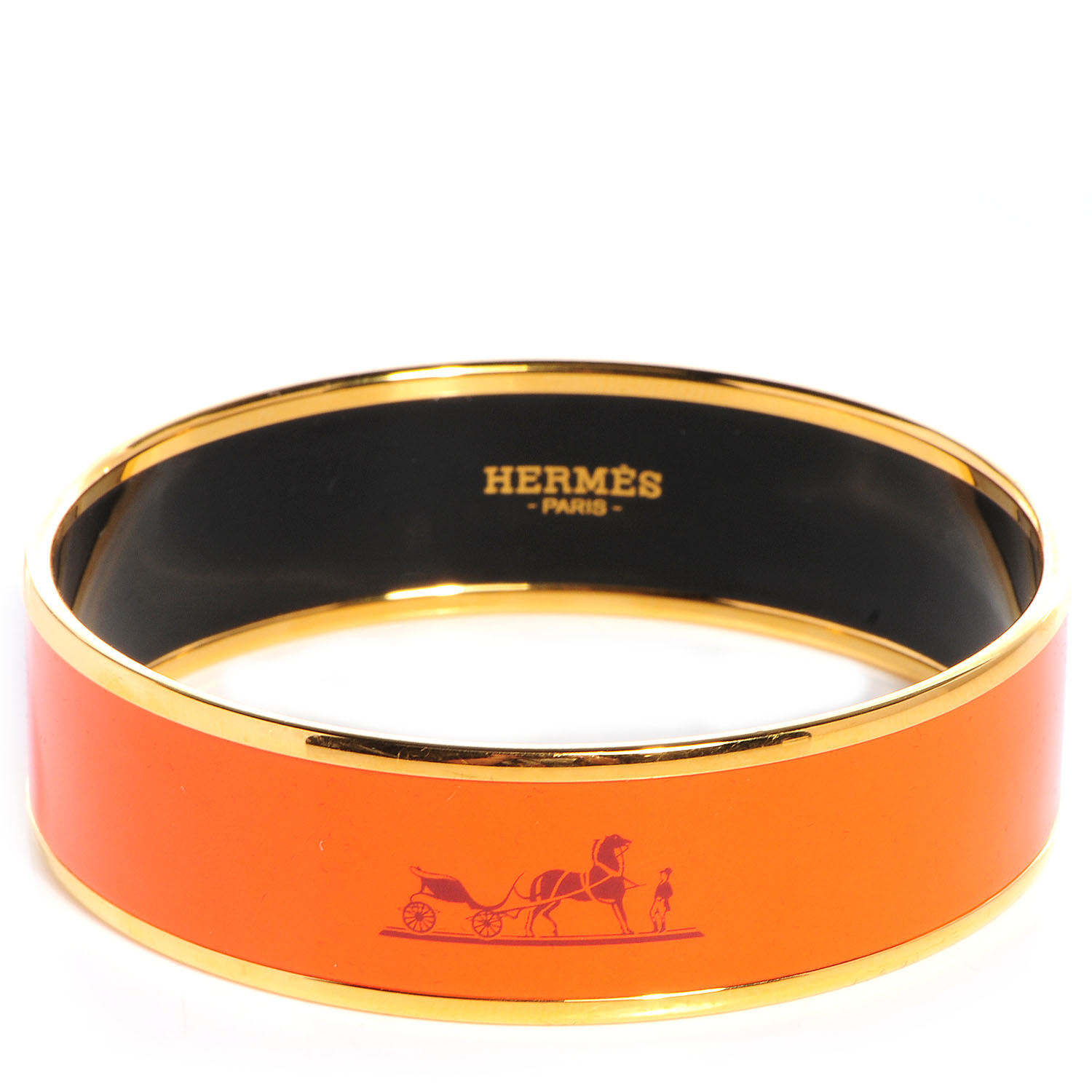 HERMES Enamel Printed Caleche Wide Bracelet 62 Orange 78609