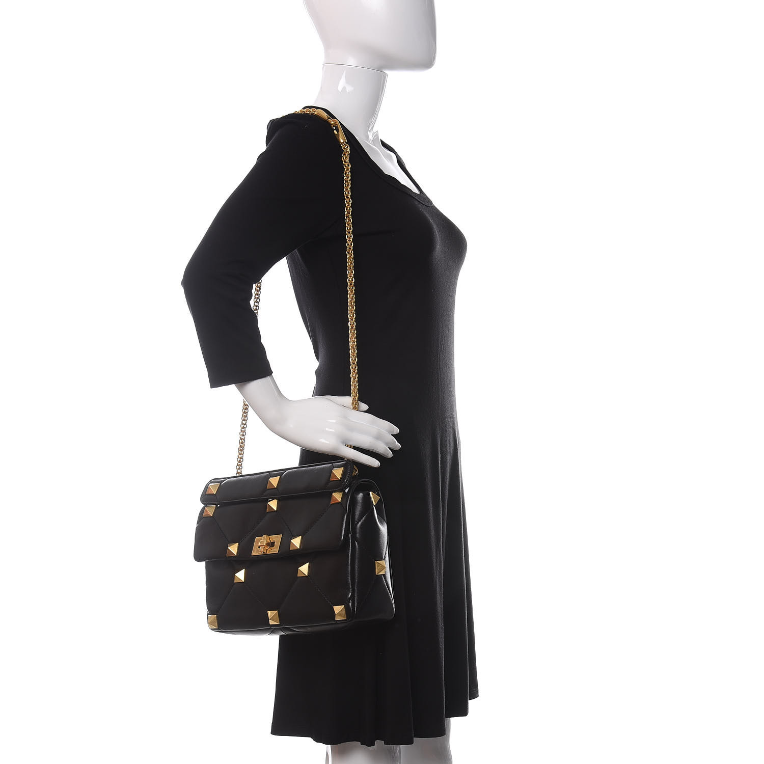 VALENTINO Nappa Large Roman Stud Shoulder Bag Black 653639 | FASHIONPHILE