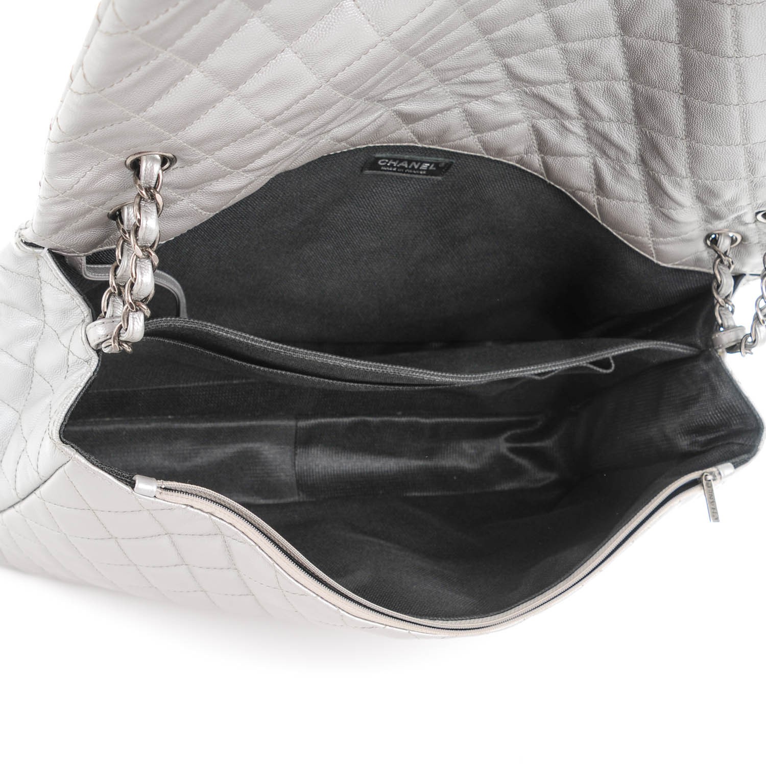 CHANEL Calfskin XXL Travel Flap Bag Silver 149745