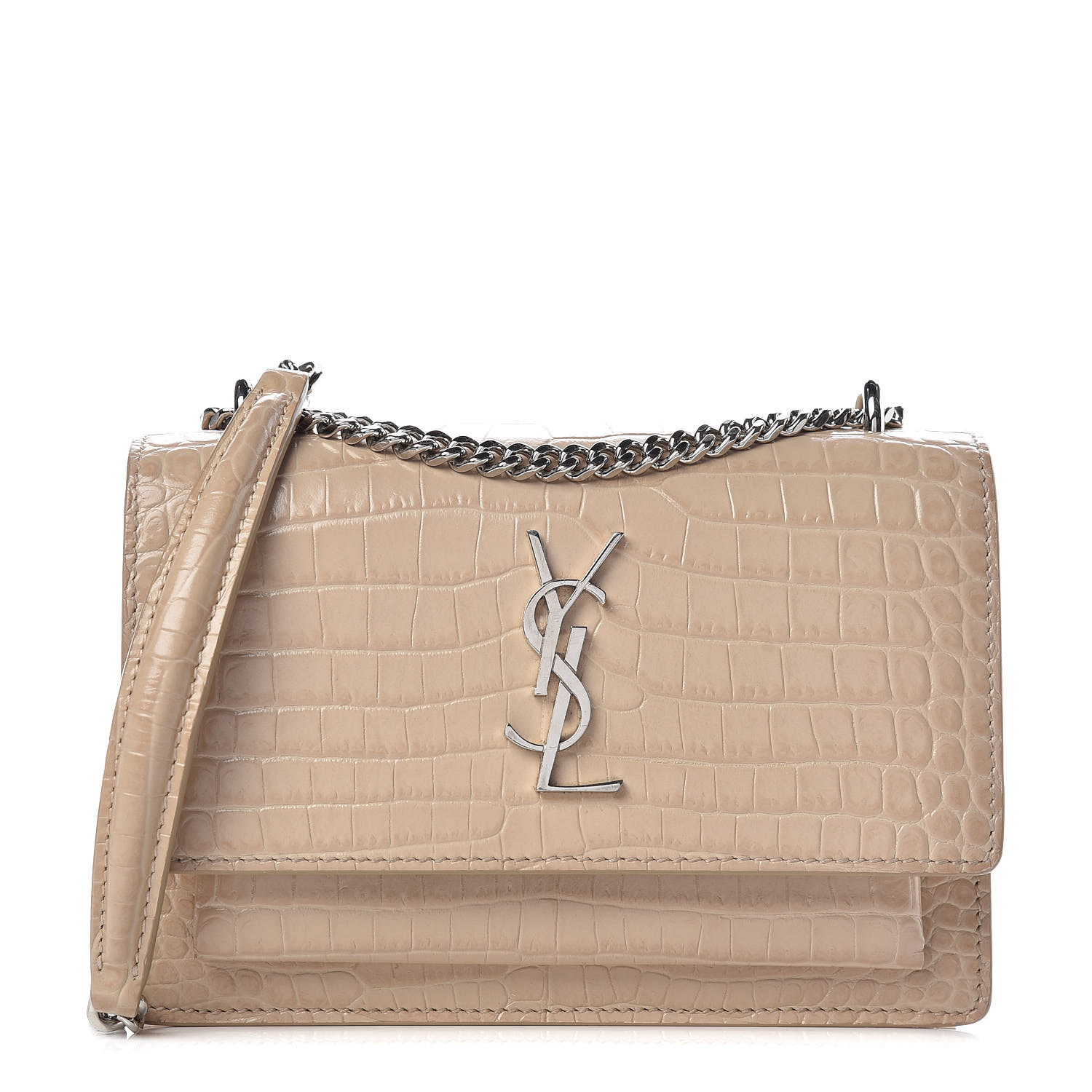 ysl sunset chain wallet in crocodile embossed shiny leather