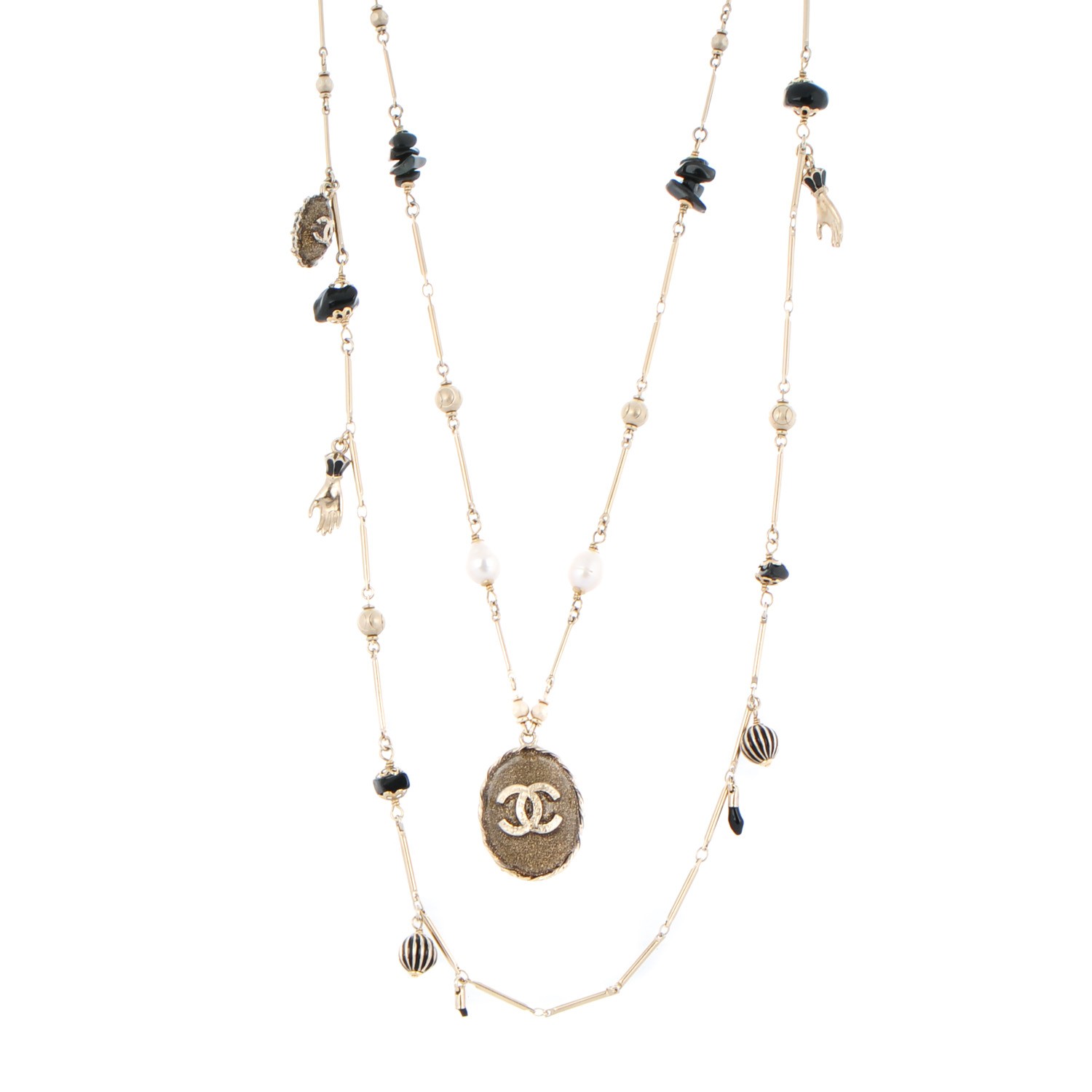 CHANEL Pearl Stone CC Long Double Strand Necklace Black Gold 152622