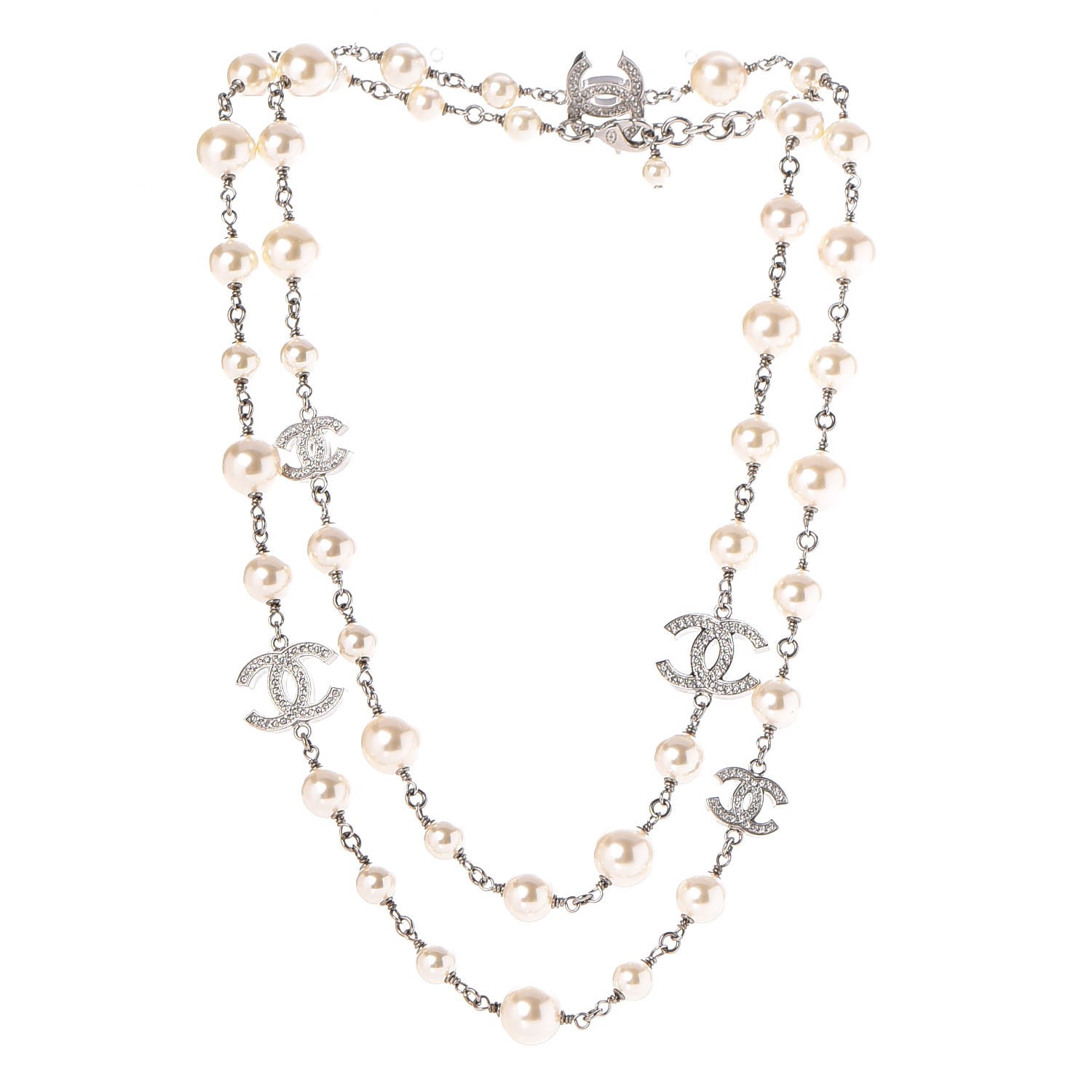 CHANEL Crystal Pearl CC Long Necklace Silver 281777
