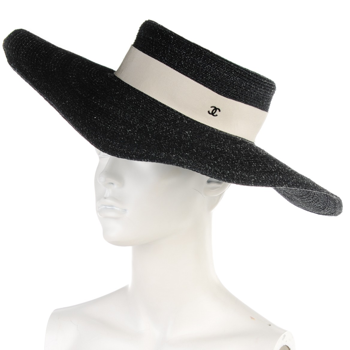 CHANEL Woven CC Wide Brim Hat M Navy 155762