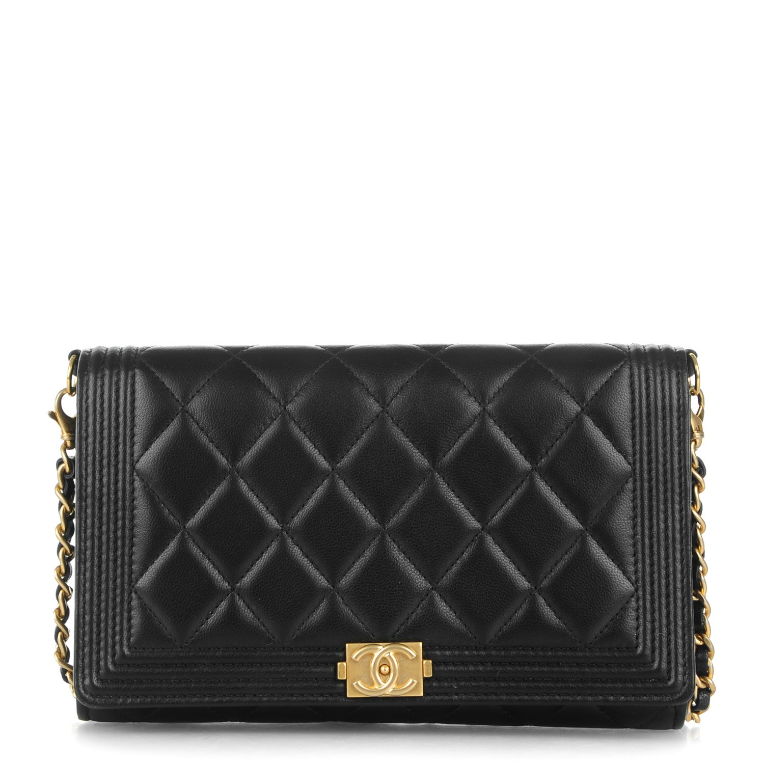 CHANEL Lambskin Quilted Boy Wallet On Removable Chain WOC Black 165892