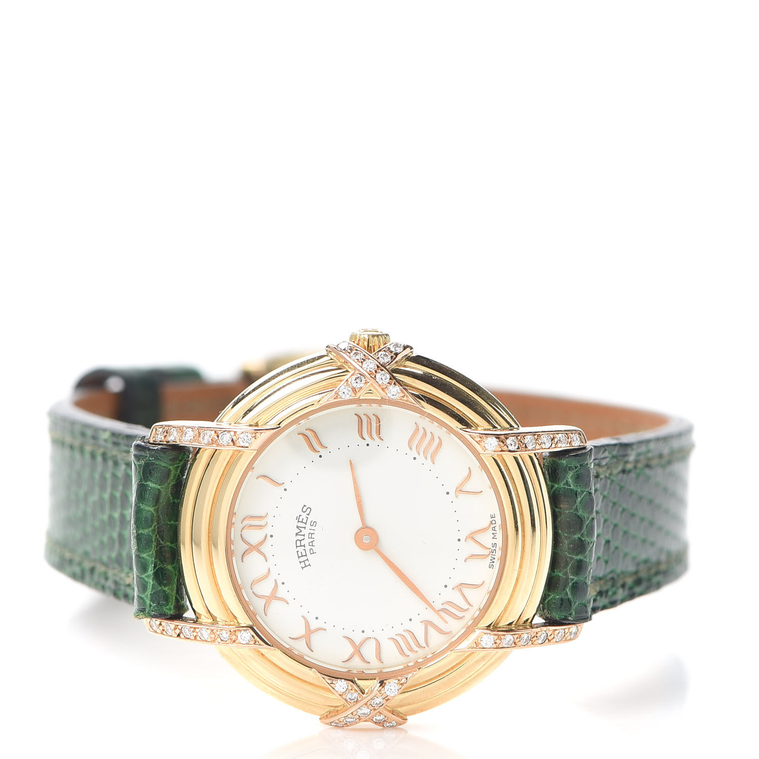 HERMES 18K Yellow Gold Lizard Diamond 26mm Ruban Quartz Watch Vert ...