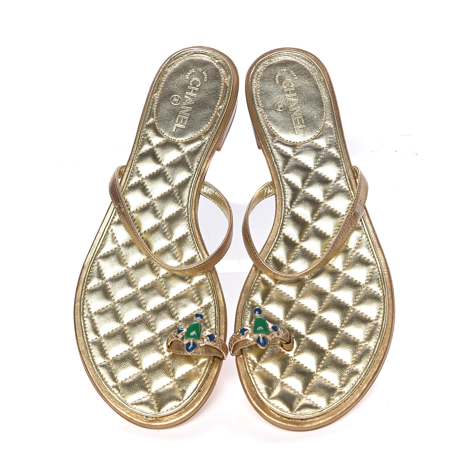 CHANEL Metallic Calfskin Jeweled Sandals 36.5 Gold 497367