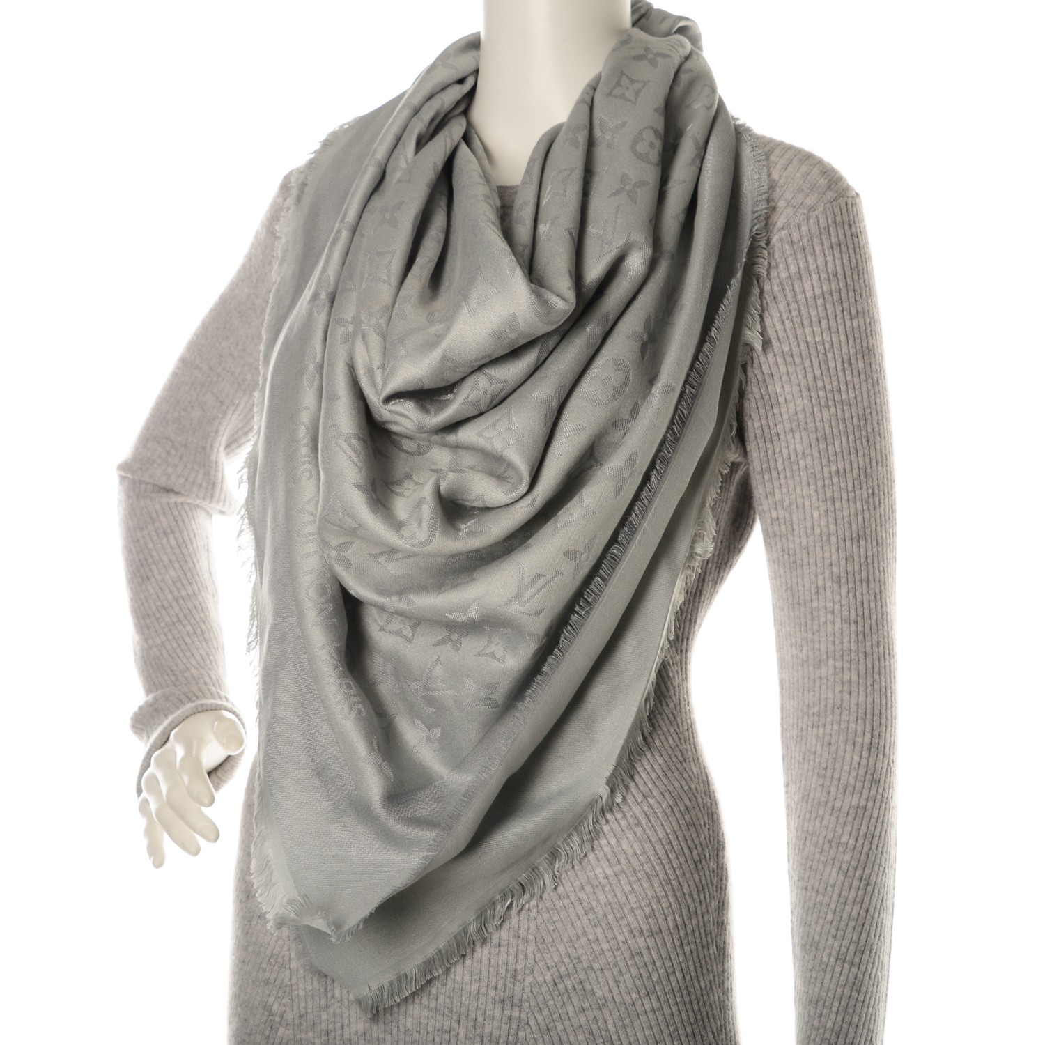 LOUIS VUITTON Silk Lurex Wool Monogram Shine Shawl Charcoal Grey
