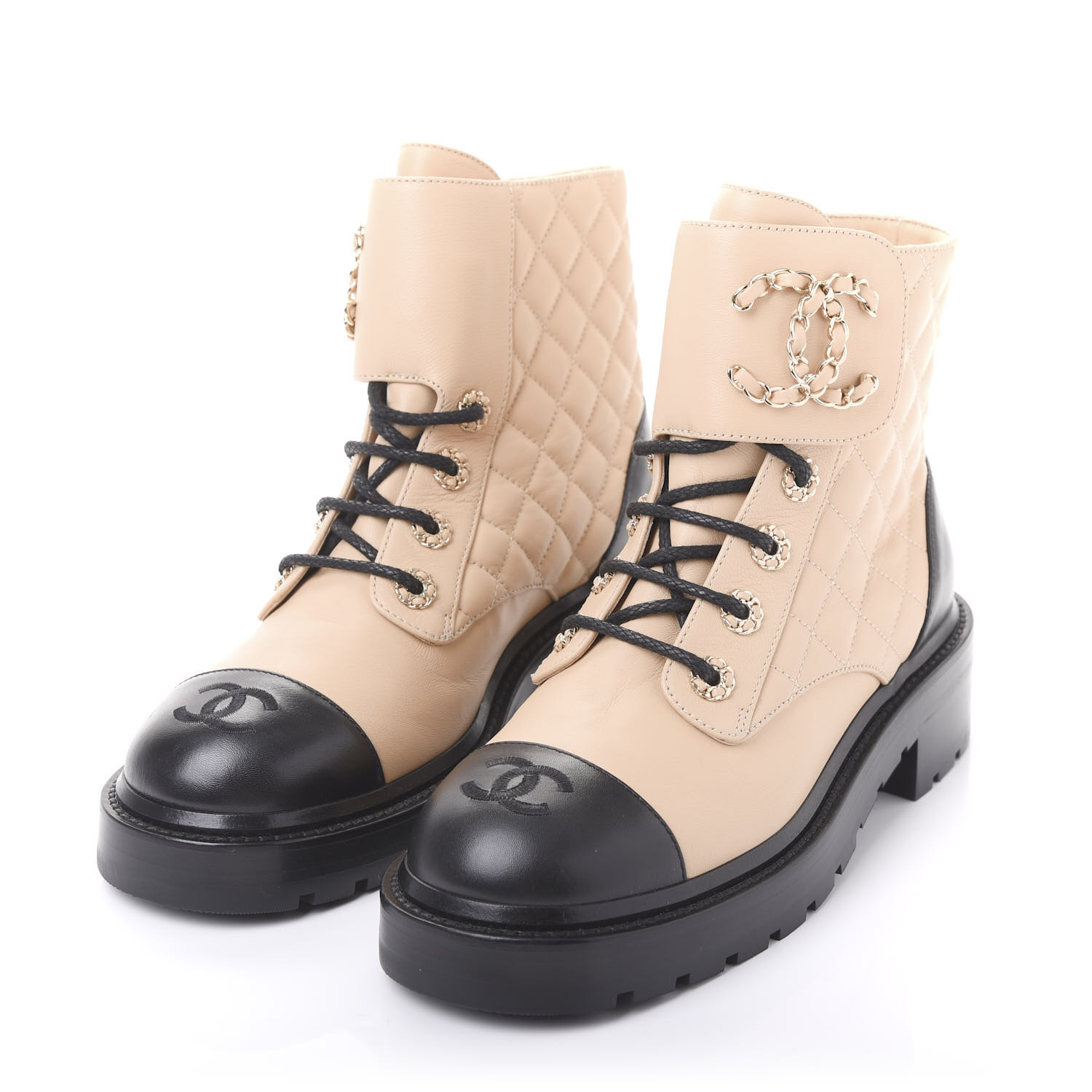 CHANEL Calfskin Quilted Lace Up Combat Boots 36.5 Beige Black 597888 ...