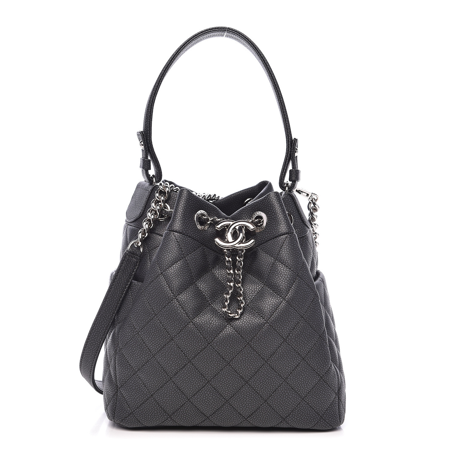 CHANEL Grained Calfskin Quilted Small Chain Bucket Bag Black 514023