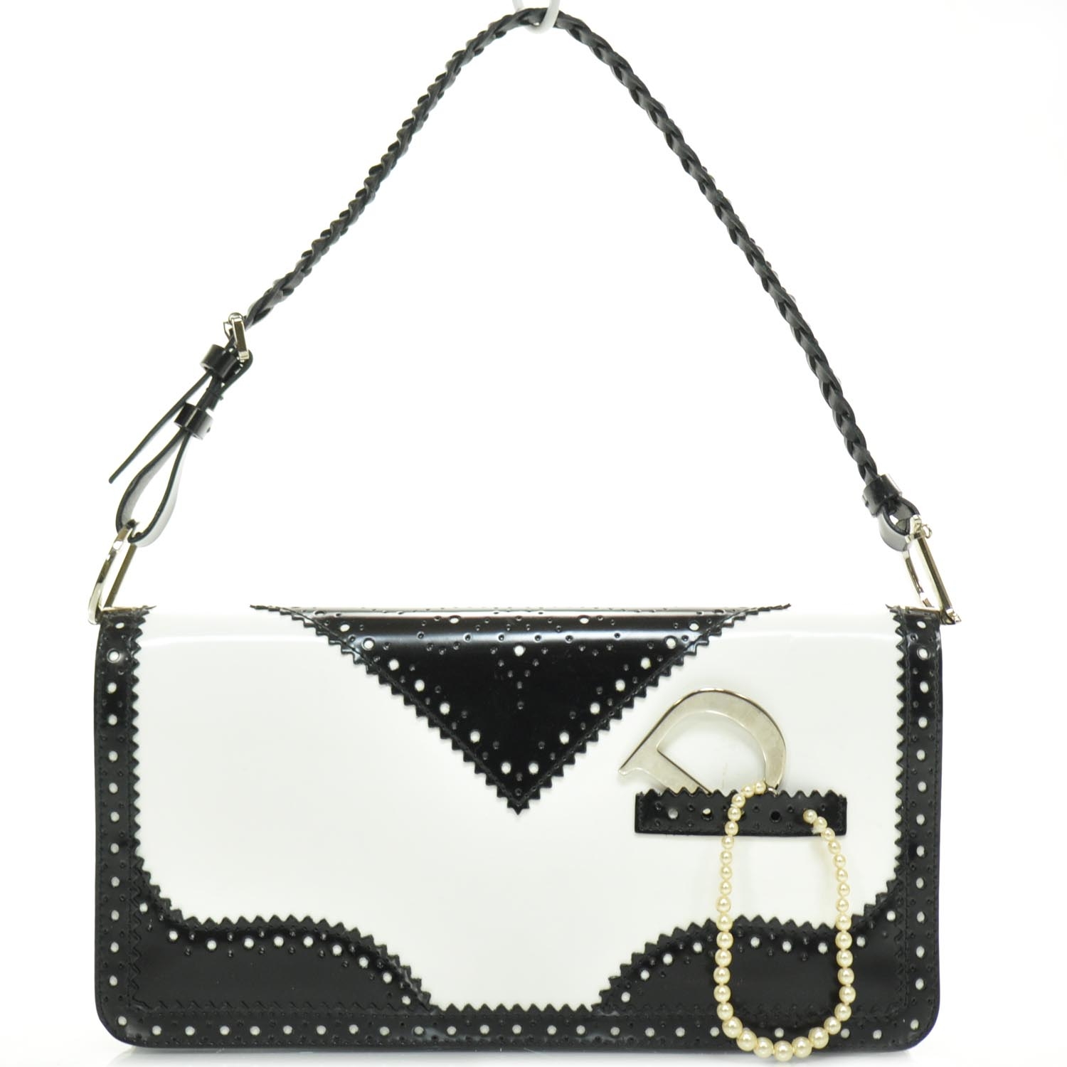 CHRISTIAN DIOR Leather D Trick Shoulder Bag Black and White 25076