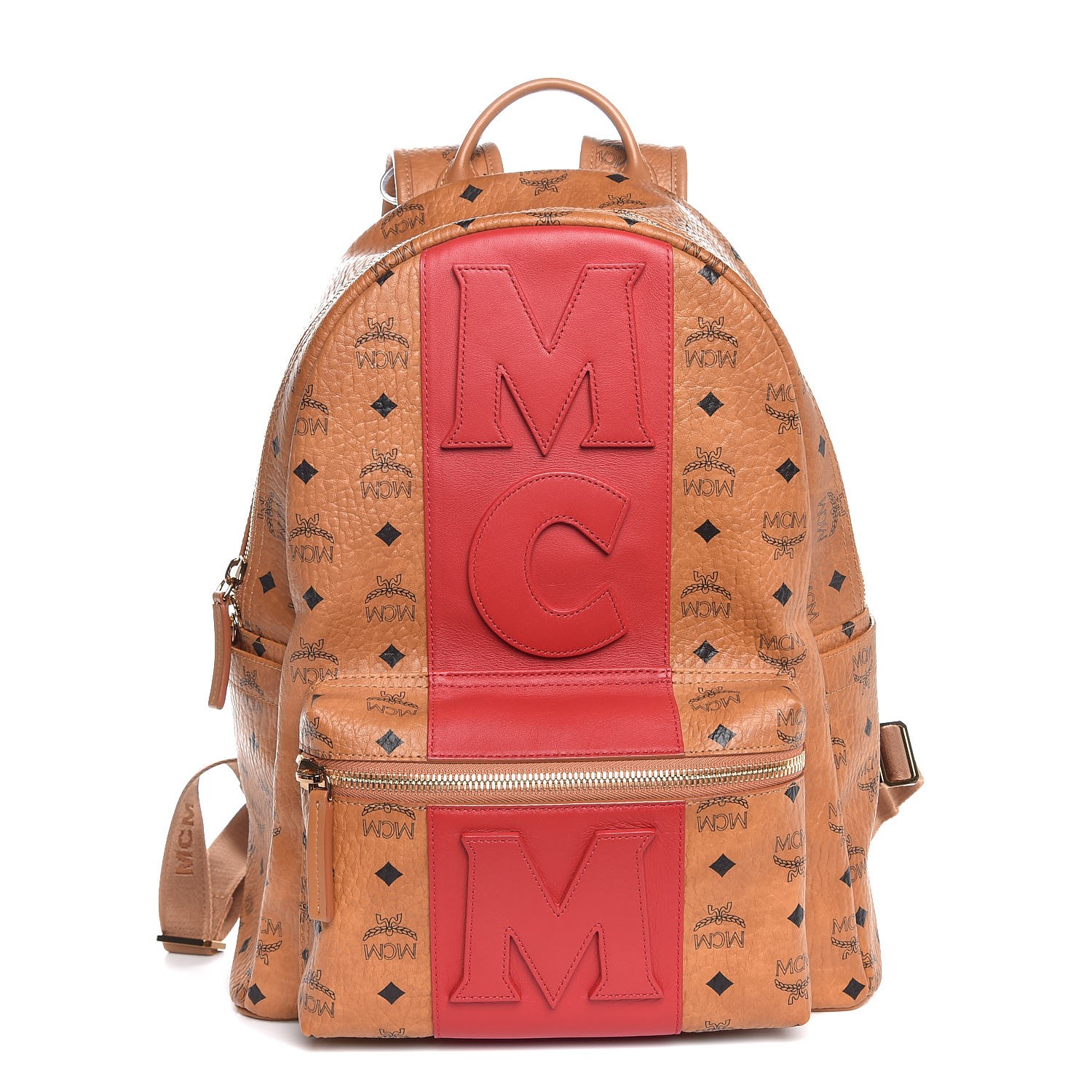 red mcm backpack