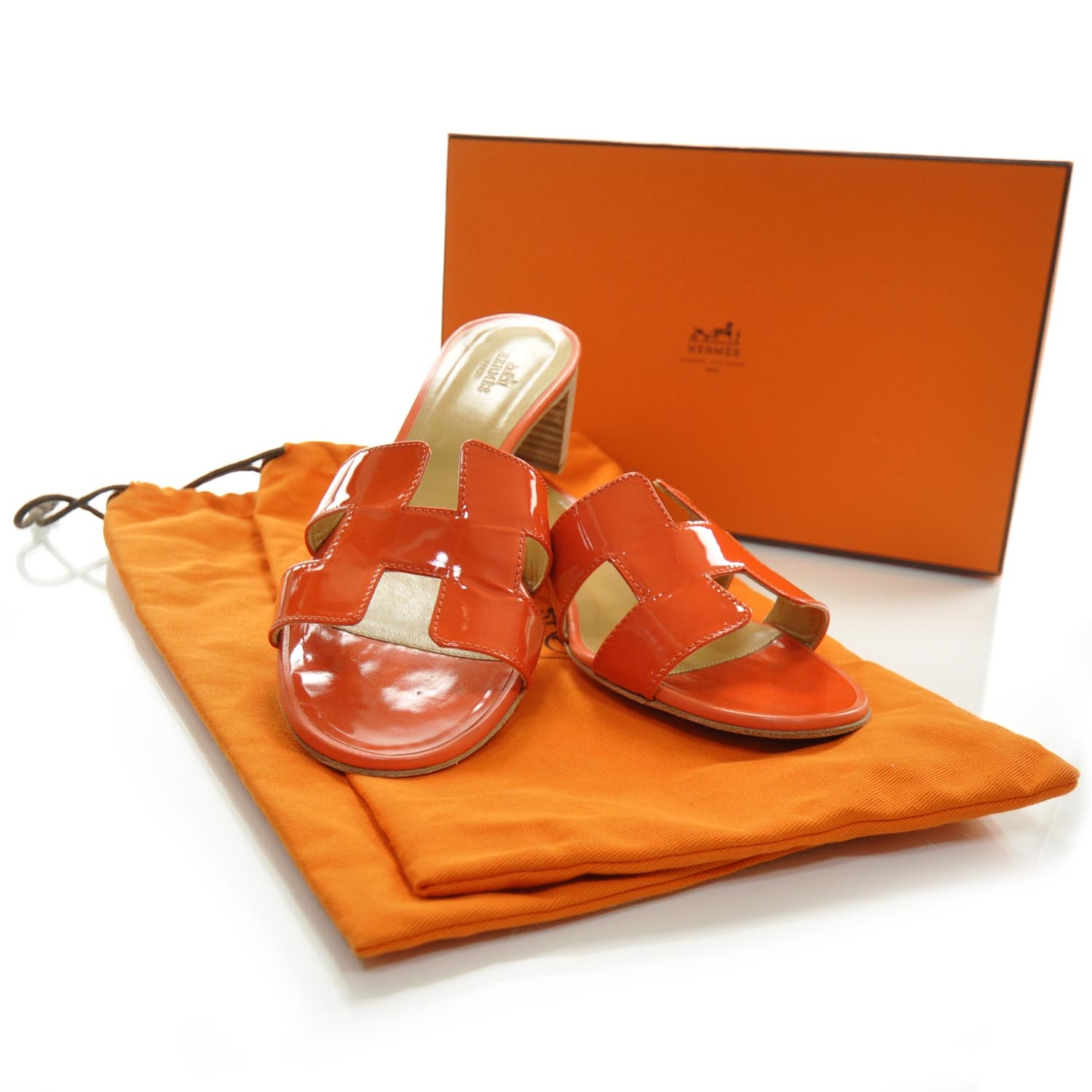 HERMES Patent Leather Oran Sandals 39 Orange 23037