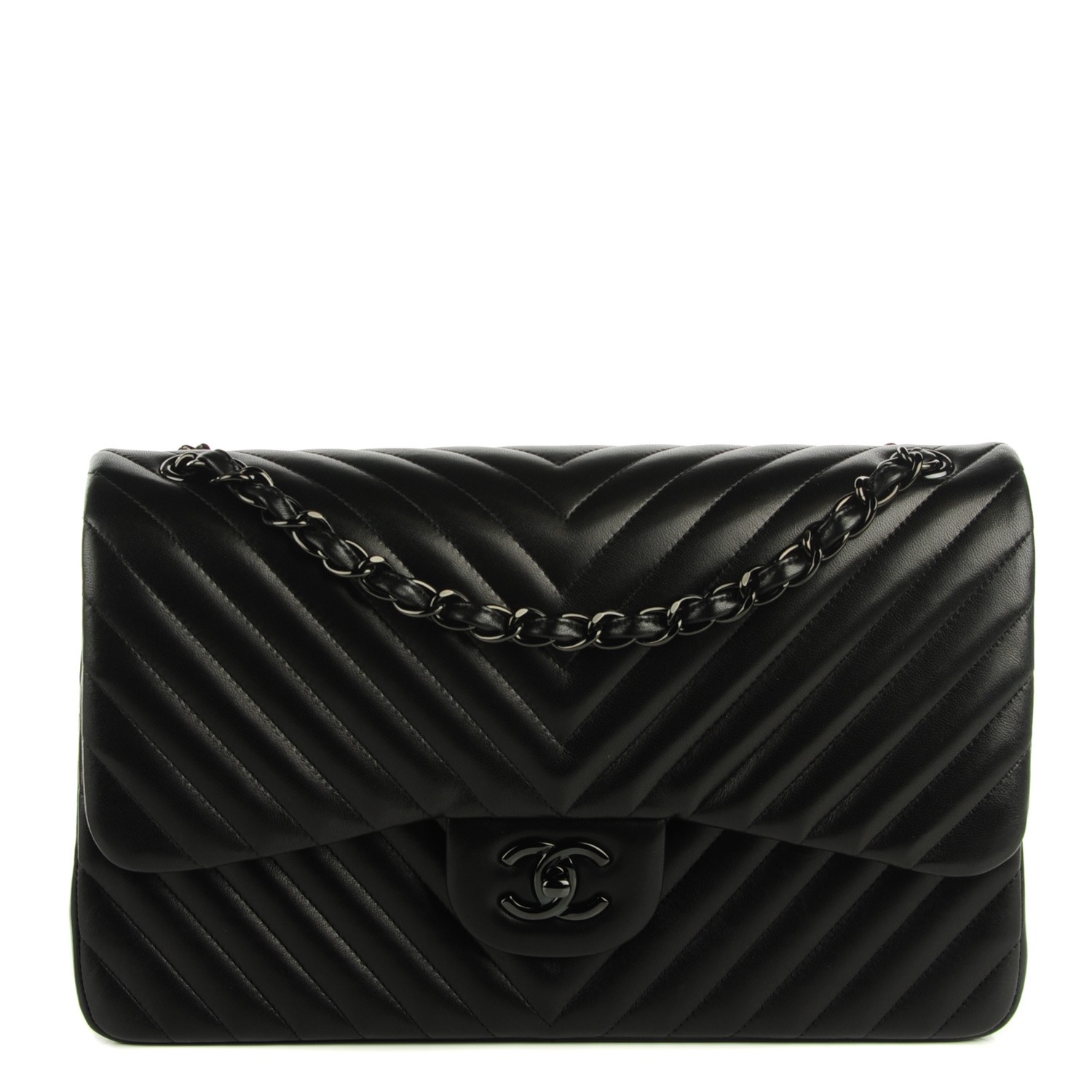 CHANEL Lambskin Chevron Quilted Jumbo Double Flap So Black 121769