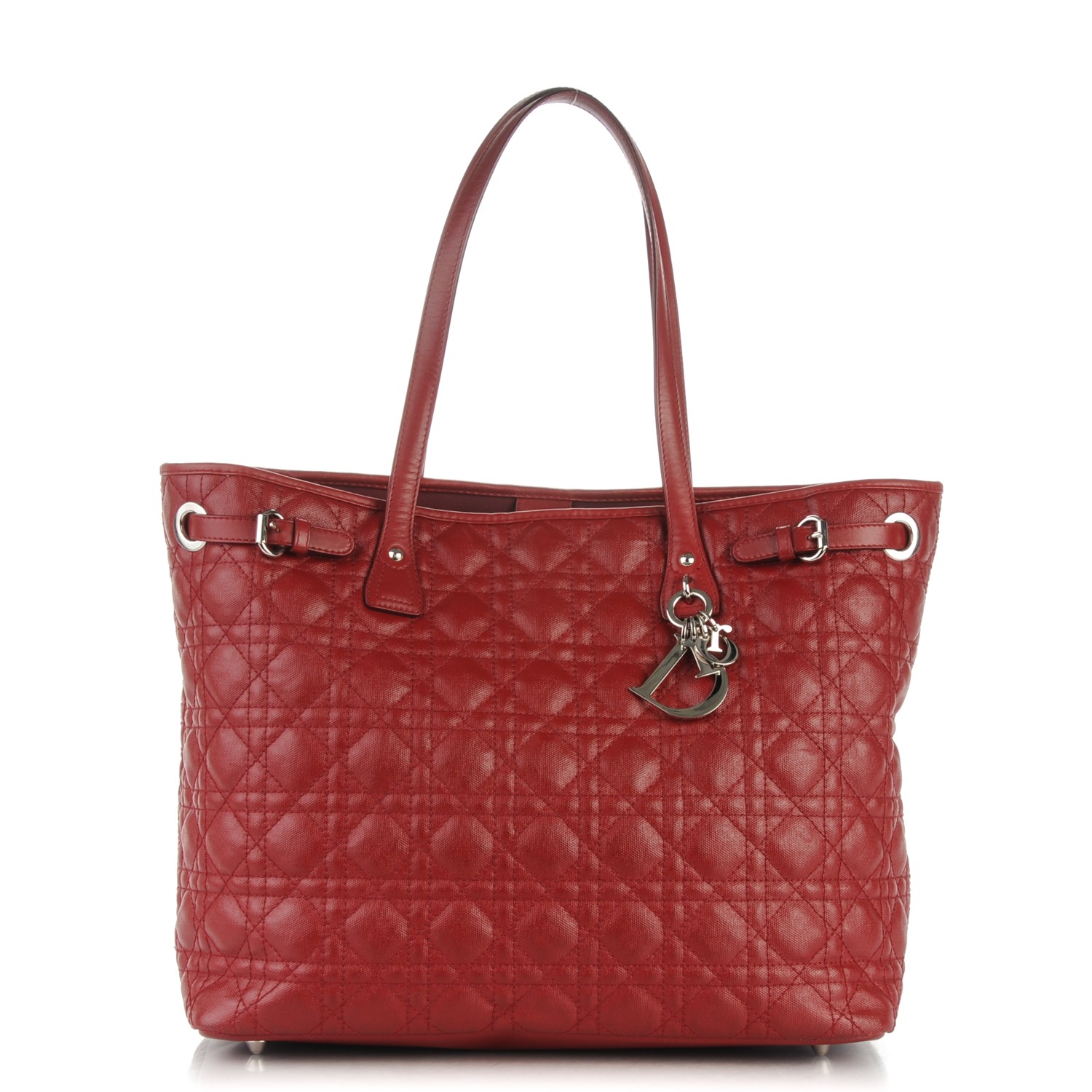 CHRISTIAN DIOR Coated Canvas Cannage Quilted Medium Panarea Tote Red 167899