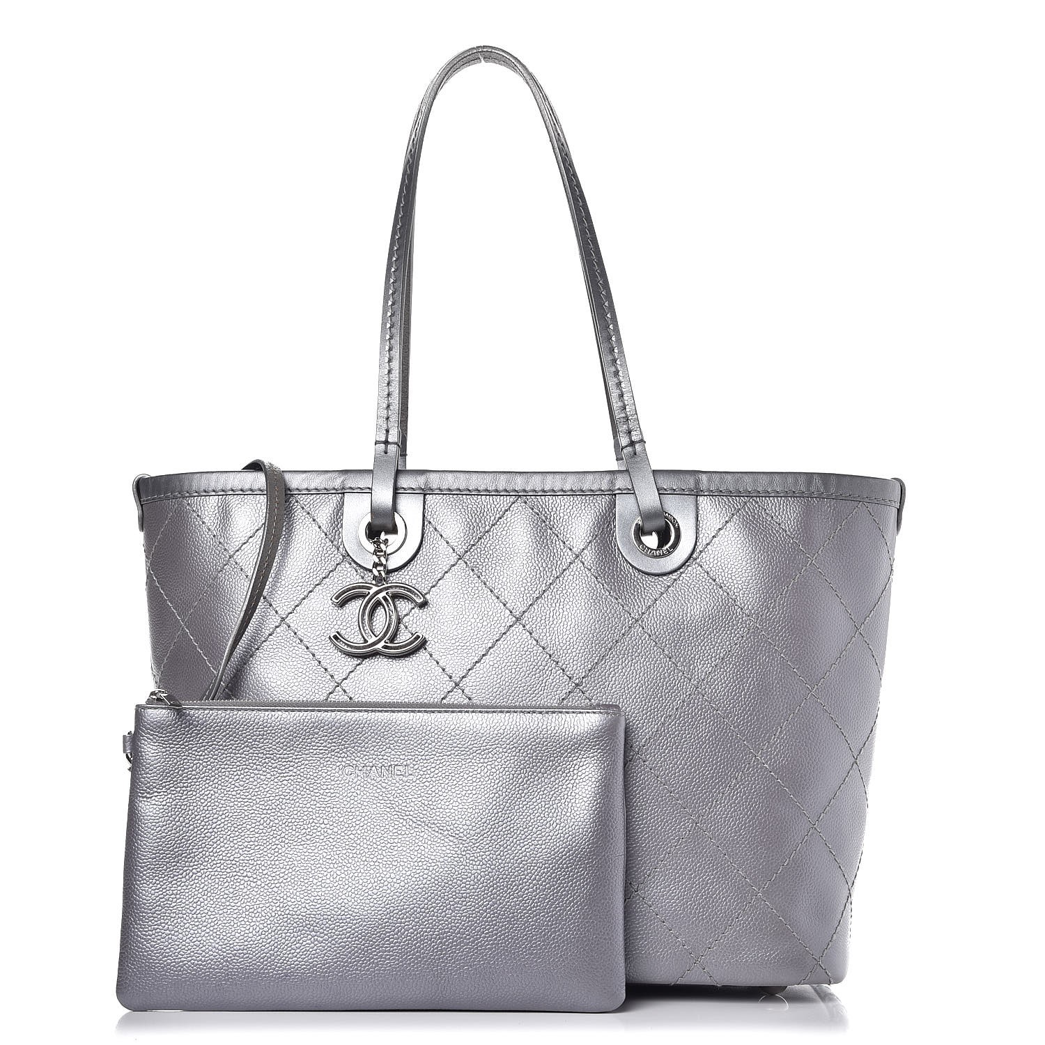 CHANEL Metallic Grained Calfskin Shopping Fever Tote Silver 278708