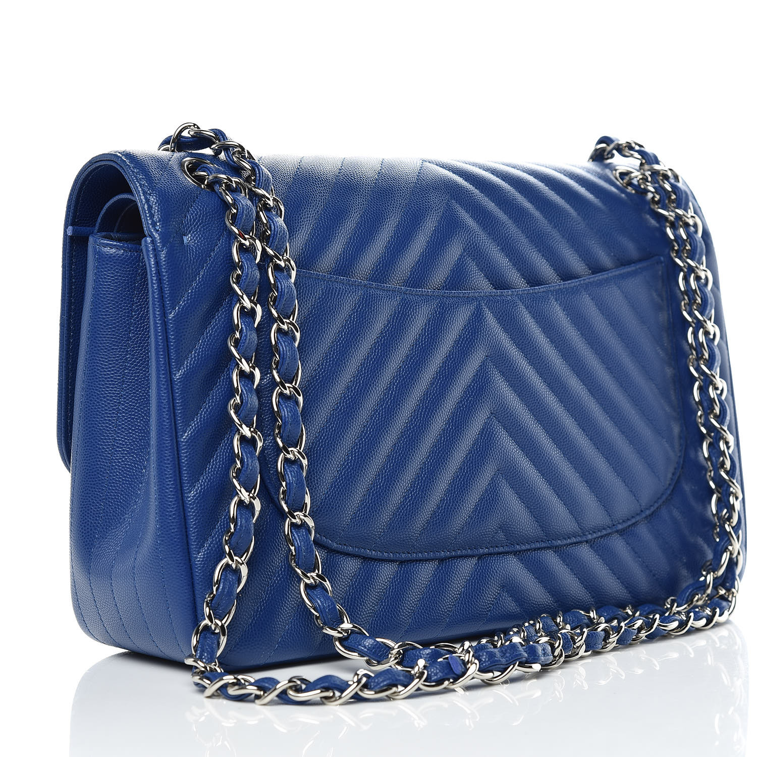 CHANEL Caviar Chevron Quilted Jumbo Double Flap Blue 442138