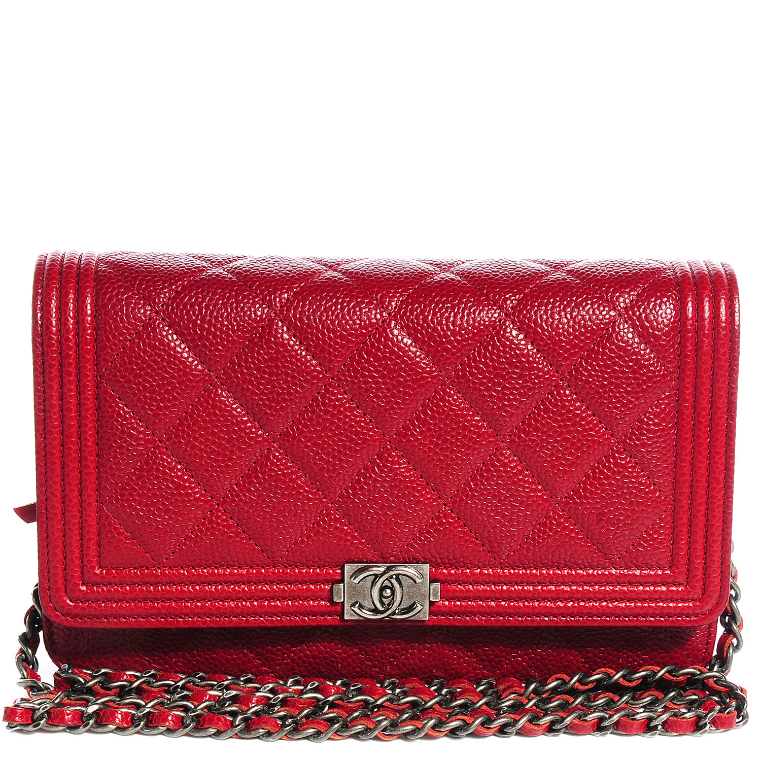 CHANEL Caviar Quilted Boy Wallet On Chain WOC Red 70804