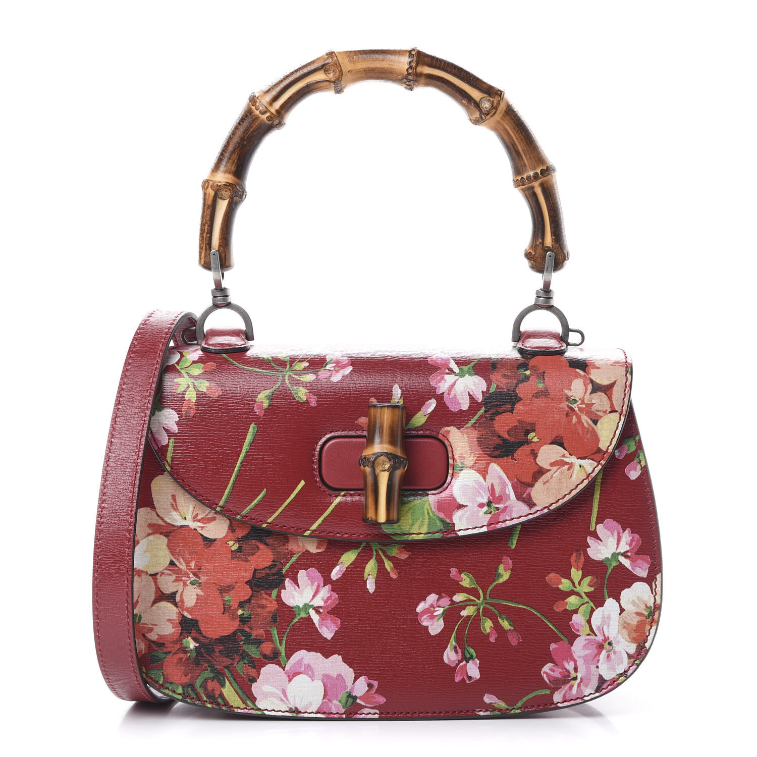 GUCCI Calfskin Blooms Print Small Bamboo Top Handle Bag Cherry 597081