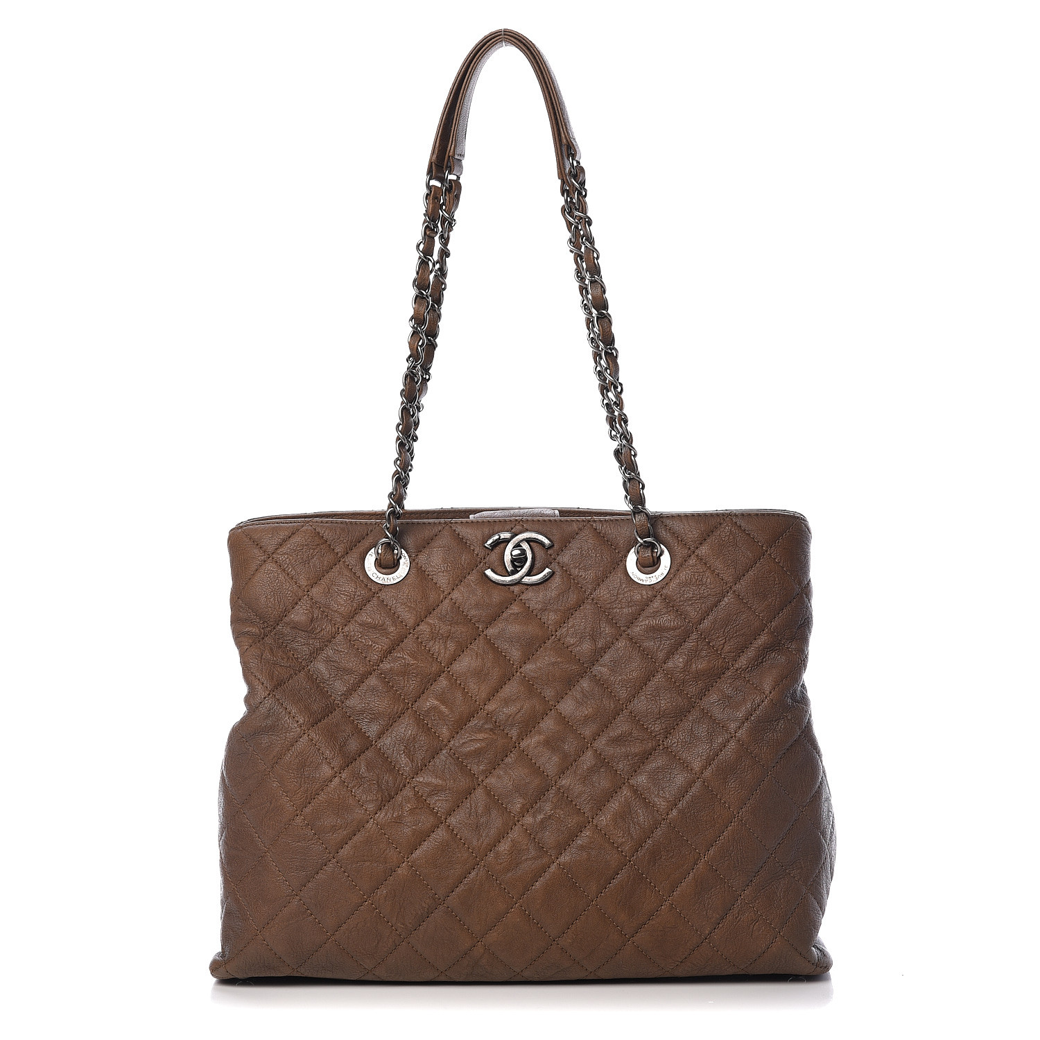 CHANEL Crumpled Lambskin Quilted Large CC Shopping Tote Khaki 467458
