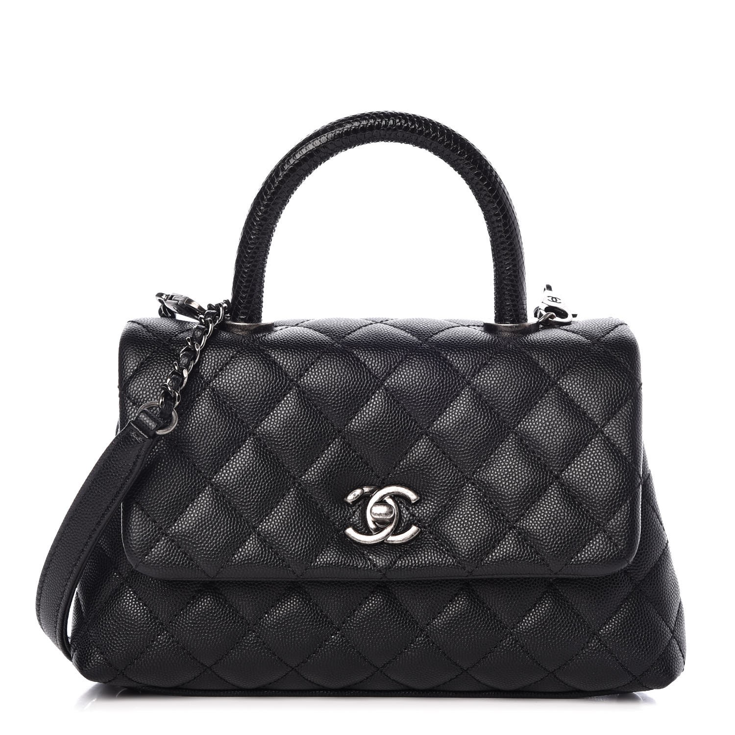 CHANEL Caviar Lizard Quilted Mini Coco Handle Flap Black 400348