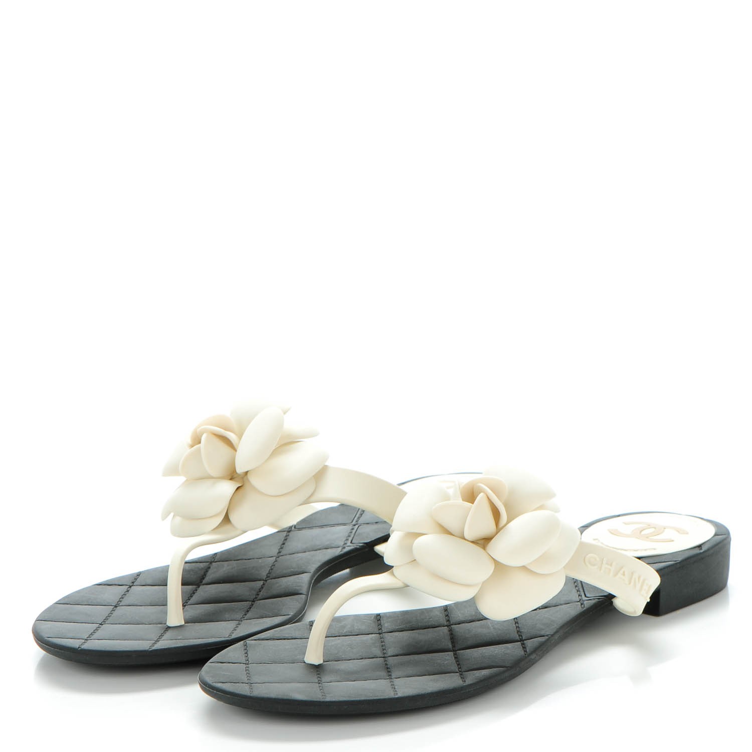 CHANEL Jelly Quilted Camellia Thong Sandals 40 Black White 134726