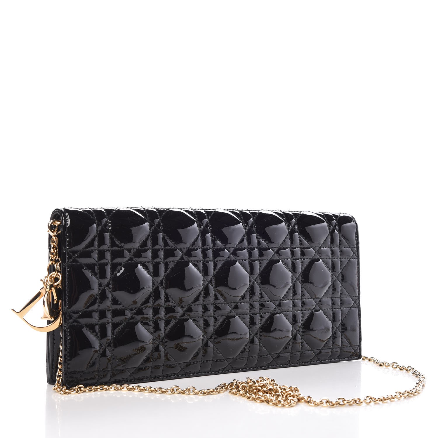 CHRISTIAN DIOR Patent Cannage Lady Dior Convertible Clutch Black 304048
