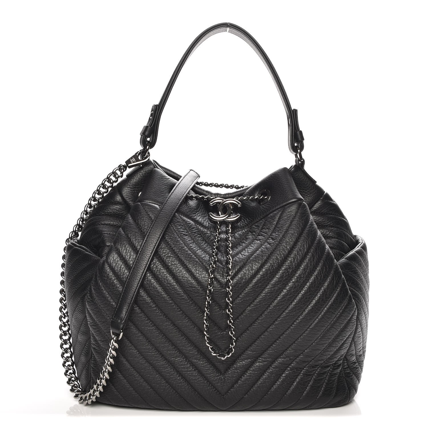 CHANEL Deerskin Chevron Large CC Chain Bucket Drawstring Bag Black 219268