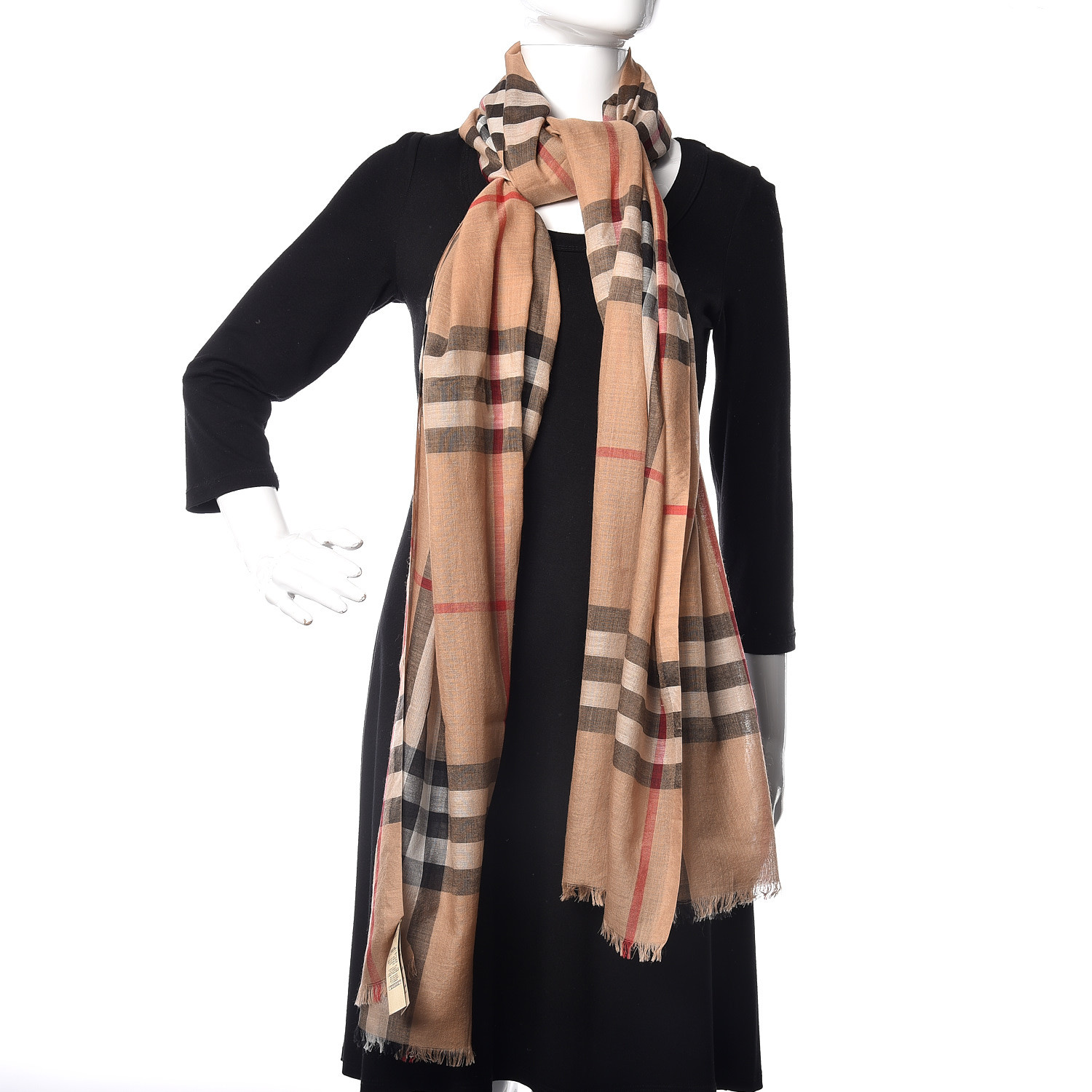 burberry gauze check scarf camel