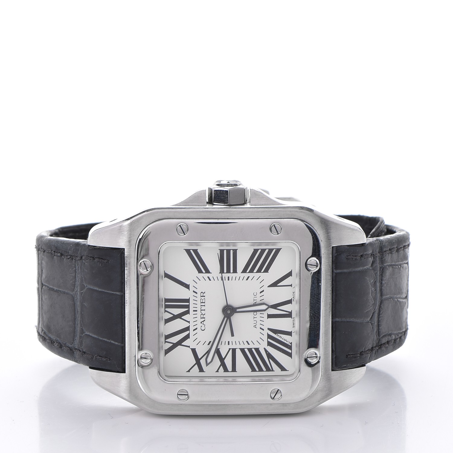 CARTIER Stainless Steel Alligator 41mm Santos 100 Automatic Watch Black ...