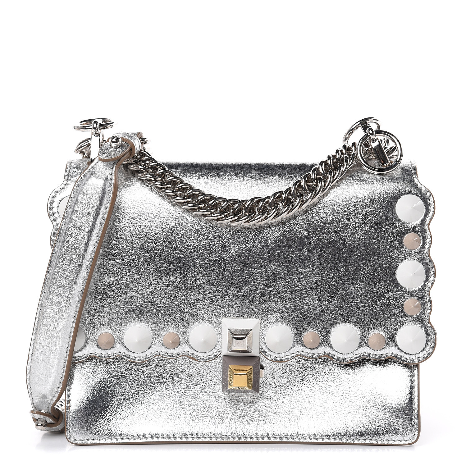 FENDI Laminated Calfskin Studded Small Kan I Shoulder Bag Silver 473799