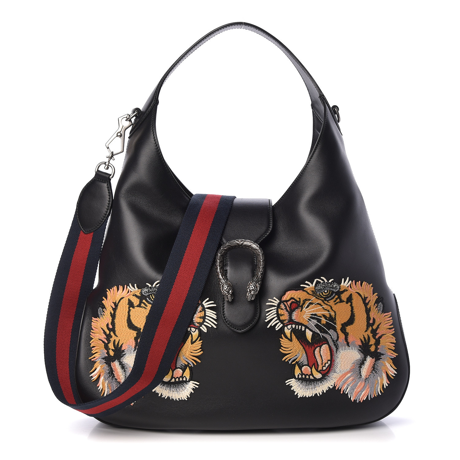 GUCCI Calfskin Web Tiger Embroidered Large Dionysus Hobo Black 474351 ...